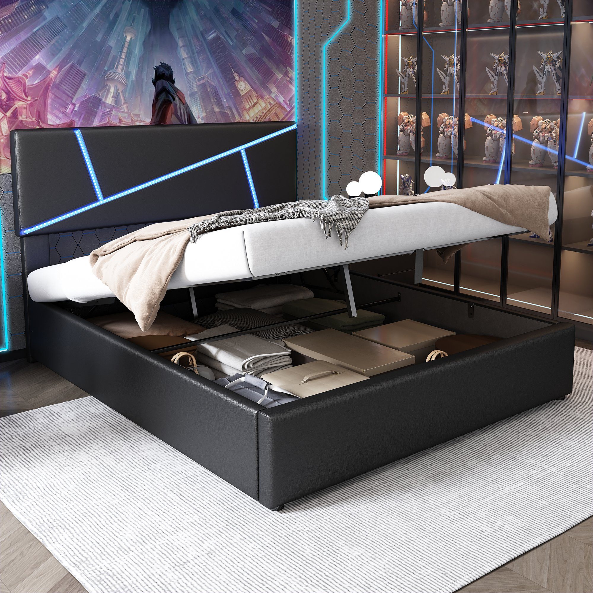 Flieks Polsterbett, LED Beleuchtung hydraulisches Stauraumbett 90x200cm Kun günstig online kaufen