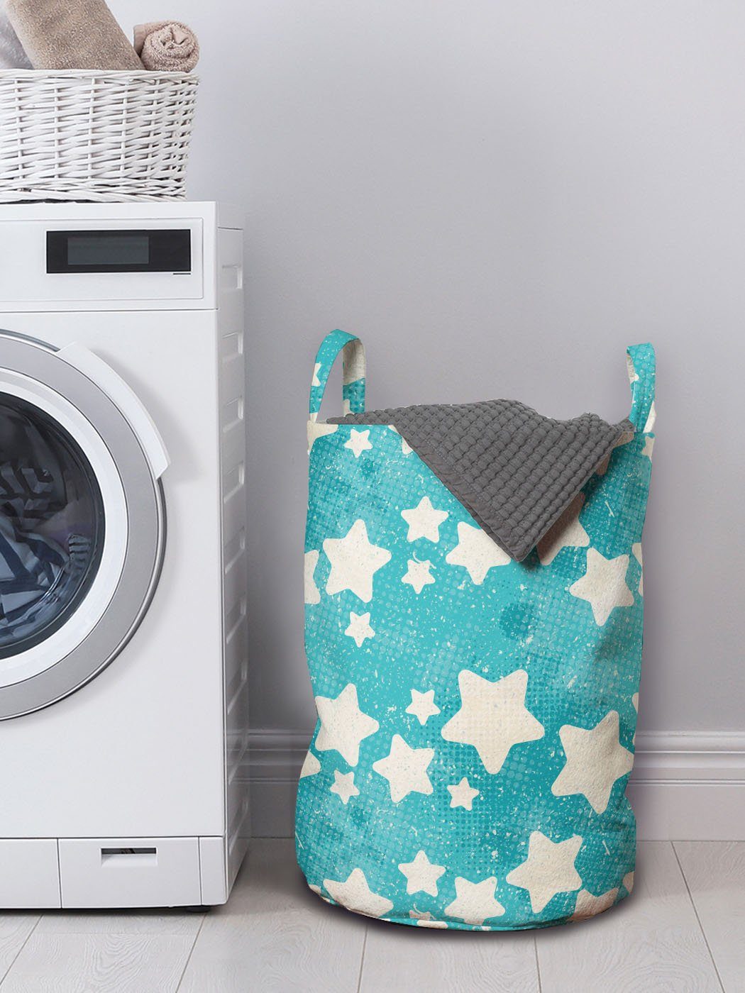 Wäschekorb für Waschsalons, Wäschesäckchen Halbton Griffen Abakuhaus Grunge Moderne Sterne mit Kordelzugverschluss