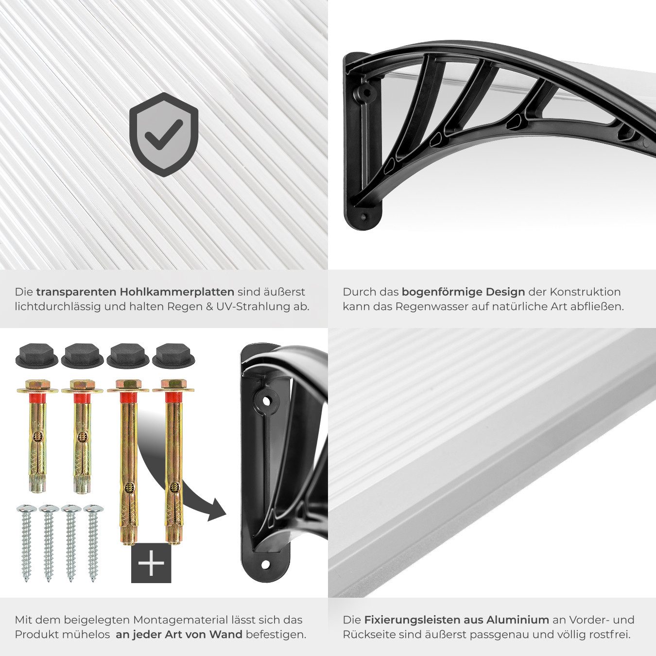 tectake Anbaudach Vordach transparent, wetterfest und UV-beständig, 150 x 93 cm, in Bogenform für Haustier, Balkon und Garten