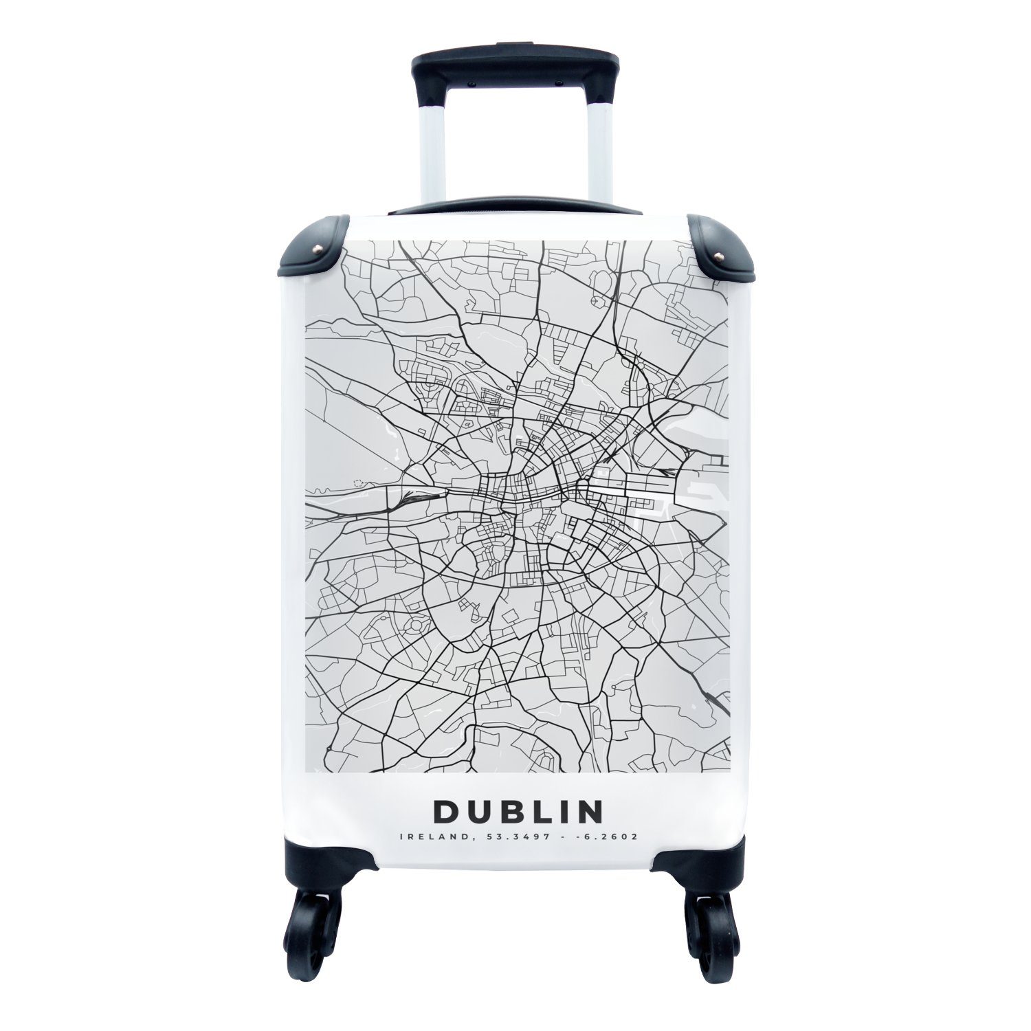 MuchoWow Handgepäckkoffer Dublin - Stadtplan - Schwarz und Weiß - Karte, 4 Rollen, Reisetasche mit rollen, Handgepäck für Ferien, Trolley, Reisekoffer