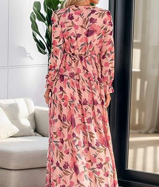 B.X Maxikleid Damen kurz Bedrucktes mit halben Ärmeln Rüschen A-Linie Minikleider Sommer-Boho-Kleid knielang mit V-Ausschnitt und kurzen Ärmeln Taschen