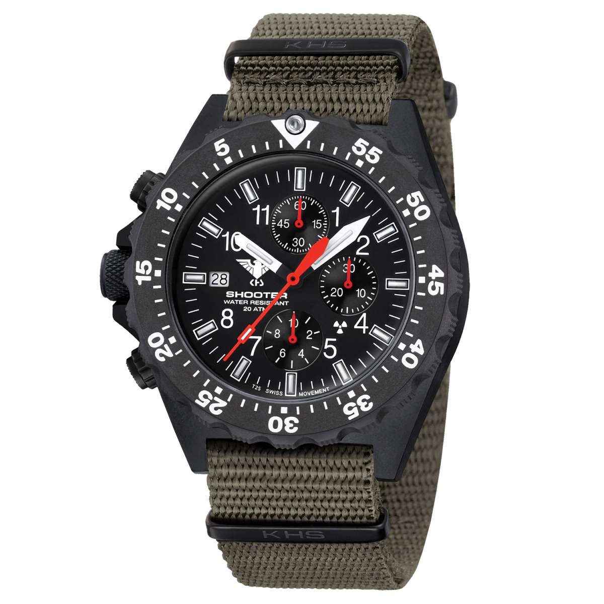 KHS Schweizer Uhr SH2CF.NSGO, Herrenuhr Chronograph Shooter MKII mit Natoband Oliv