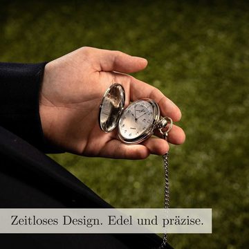 Hermann Jäckle Taschenuhr Tübingen Quarz Datum Mineralglas 50 mm, mit Kette und Reiseetui