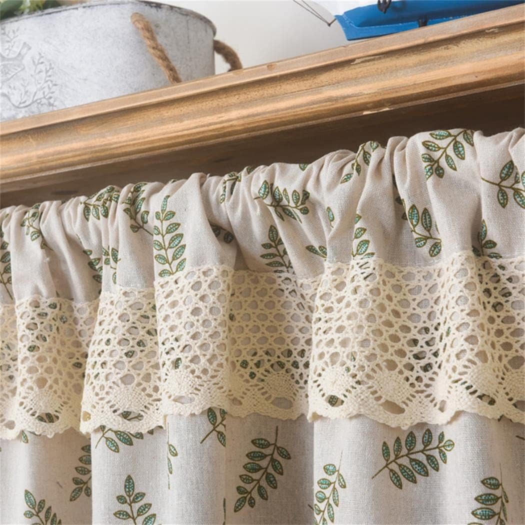 Kaket Scheibengardine Leinenpaneelvorhang, Boho-Kurzvorhang mit Blättermuster und Spitzen, geeignet für Küche, Schlafzimmer und Landhaus