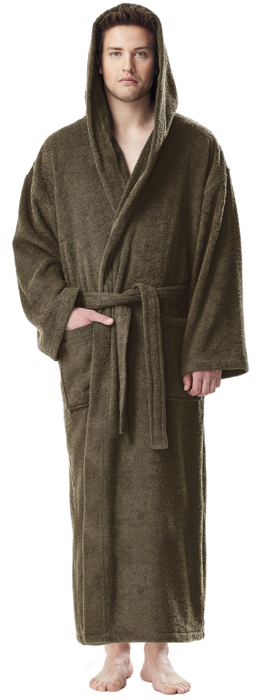 Arus Herrenbademantel Astrom aus Baumwoll-Frottee, Reisebademantel, Saunamantel, 100% Baumwolle, Kapuze, Gürtel, mit Kapuze, wadenlang oder extra lang, 100% Baumwolle