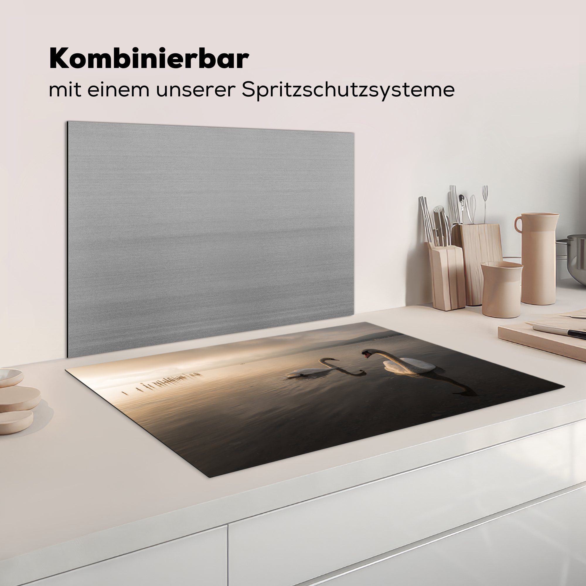 81x52 für cm, küche, Vinyl, - - die Schwäne Wasser, Schutz MuchoWow Ceranfeldabdeckung (1 tlg), Induktionskochfeld Herdblende-/Abdeckplatte Vogel