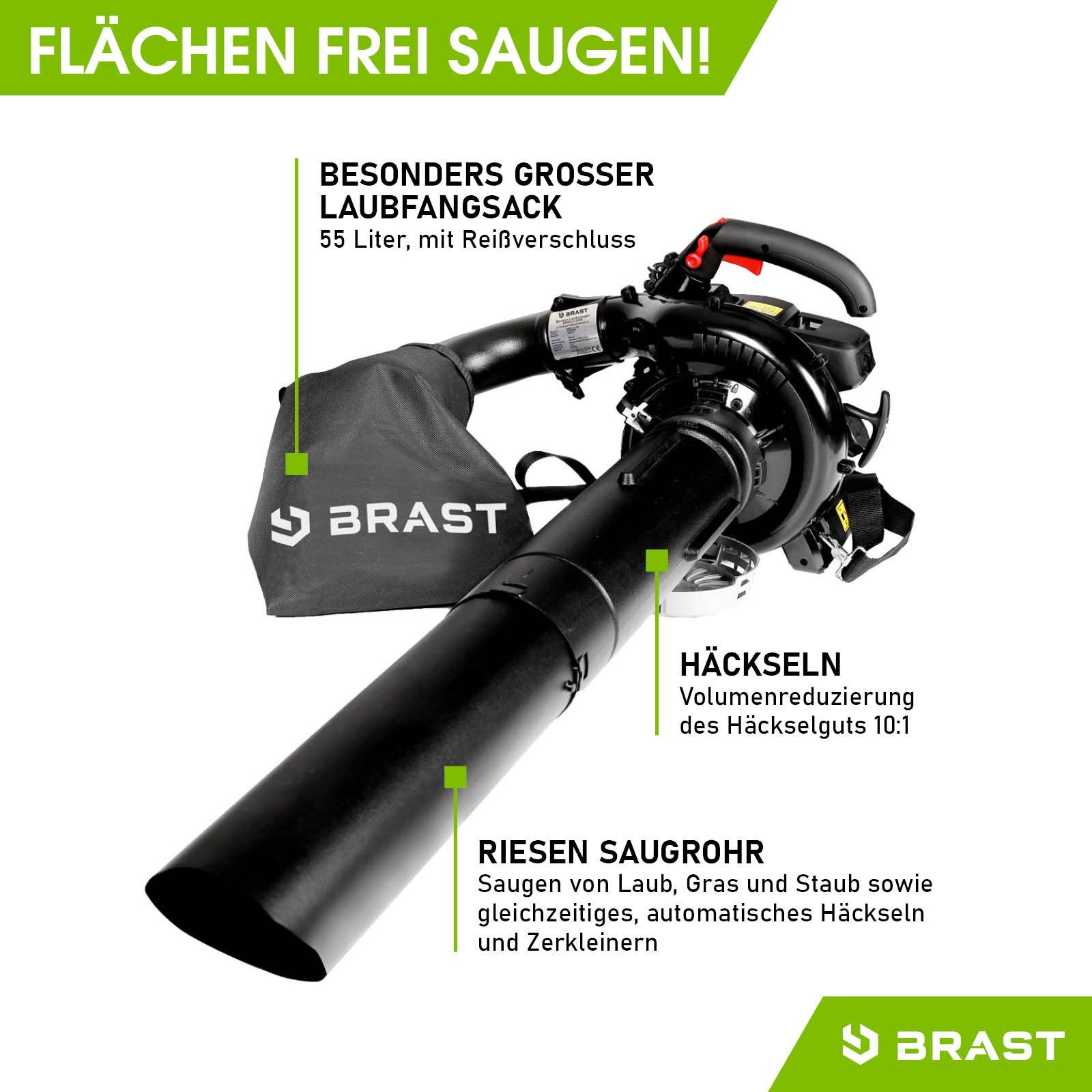 BRAST Benzin-Laubsauger Laubbläser Benzin 1,0kW(1,36PS), 55L Fangsack 4in1 Funktion, (Blasgeschwindigkeit 73 m/s), inkl. 2 Blasrohre, Schultergurt & Anti-Vibrationsgriff