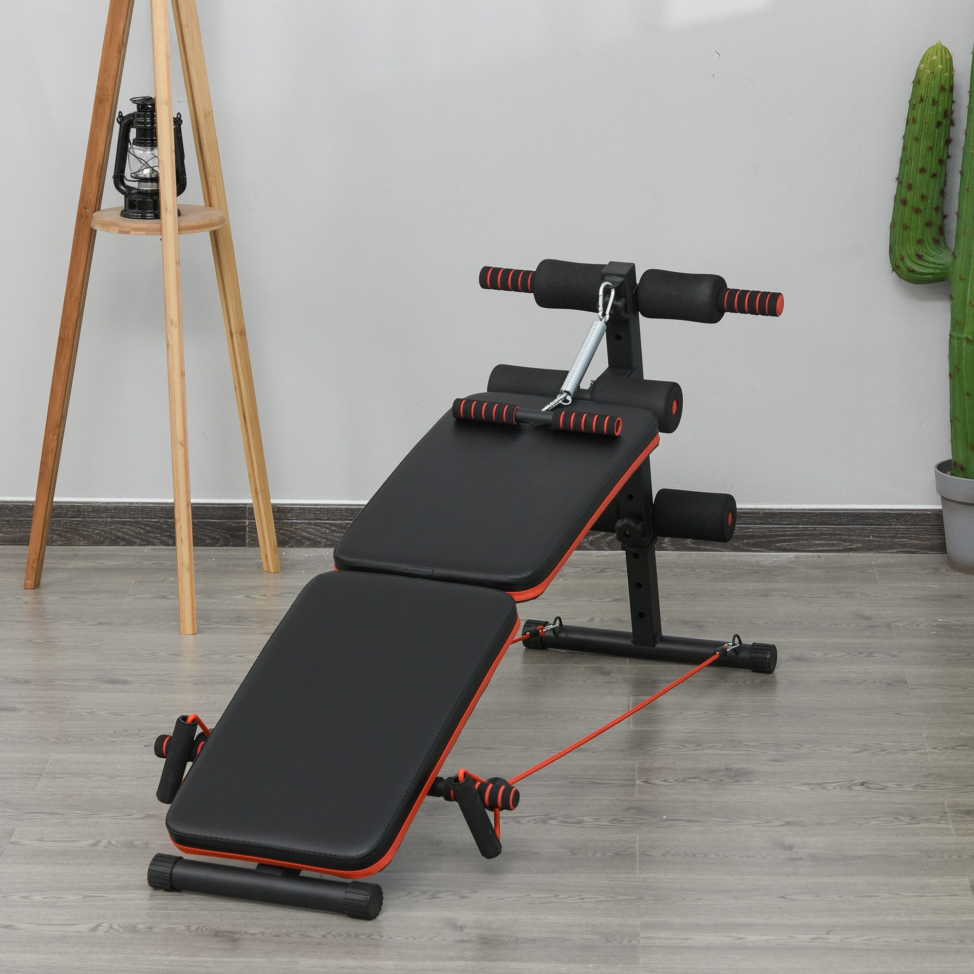 MC Star Bauchtrainer Sit Up Bank verstellbar & klappbar, Multifunktions Trainingsbank (mit Trainingsseilen, 110 kg Belastbarkeit, Stahl Schwarz Rot)