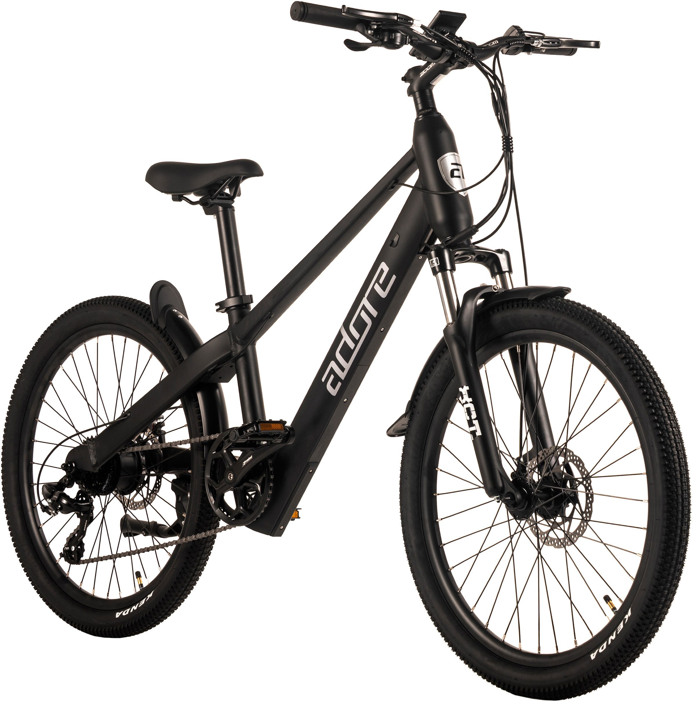Adore E-Bike Mountainbike 24" Alu Kids Citybike KS-240 Heckmotor 45NM / 10,4Ah Pitch Black matt, 7 Gang Shimano Tourney Schaltwerk, Kettenschaltung, Heckmotor, 374,4 Wh, Pedelec, Elektrofahrrad für Damen und Herren, MTB