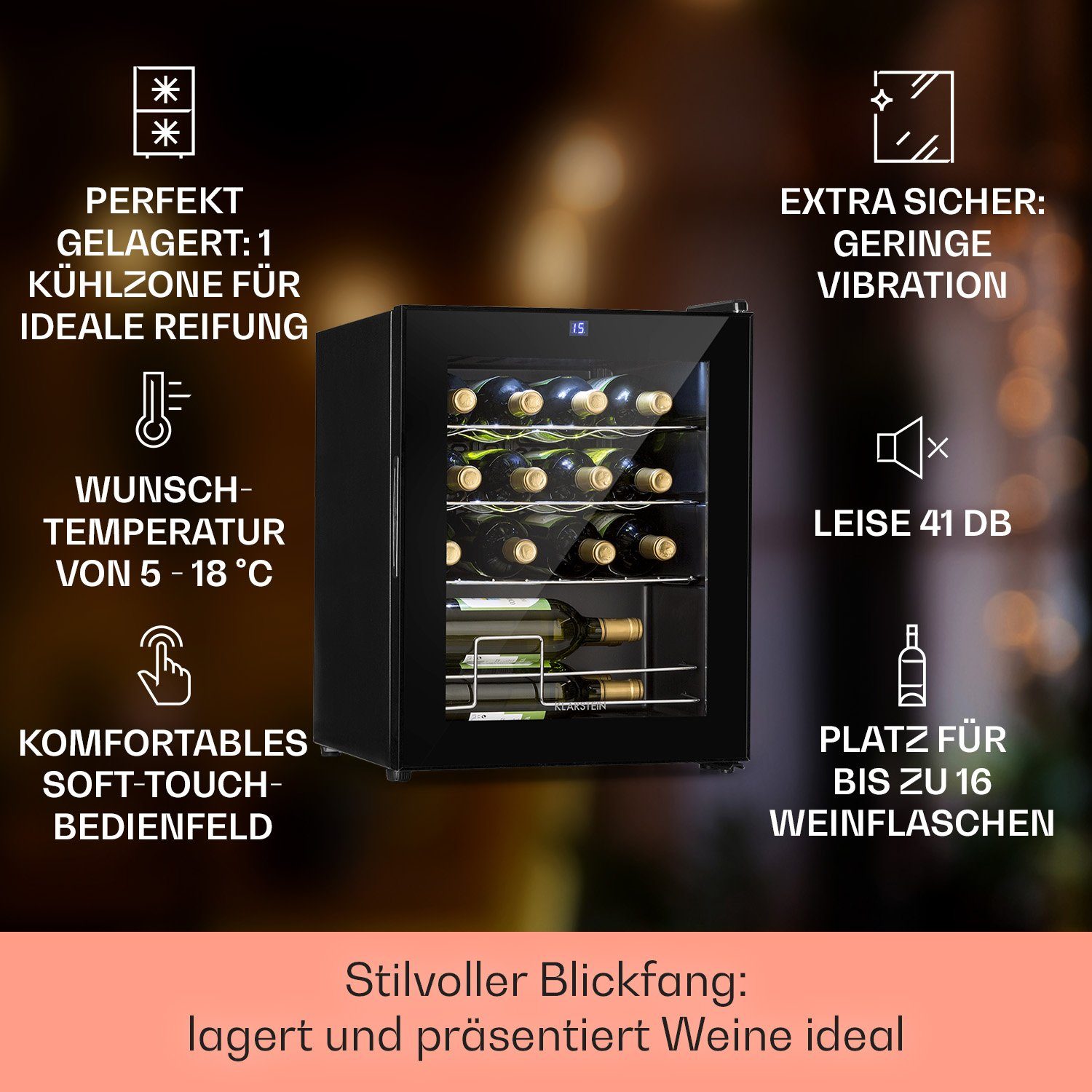 Klarstein Weinkühlschrank Shiraz 16 Uno Weinkühlschrank 16 Fl 42L 5-18°C 131W Touch LCD 41 dB, für 16 Standardflaschen á 0,75l,Wein Flaschenkühlschrank Weintemperierschrank Weinschrank Kühlschrank