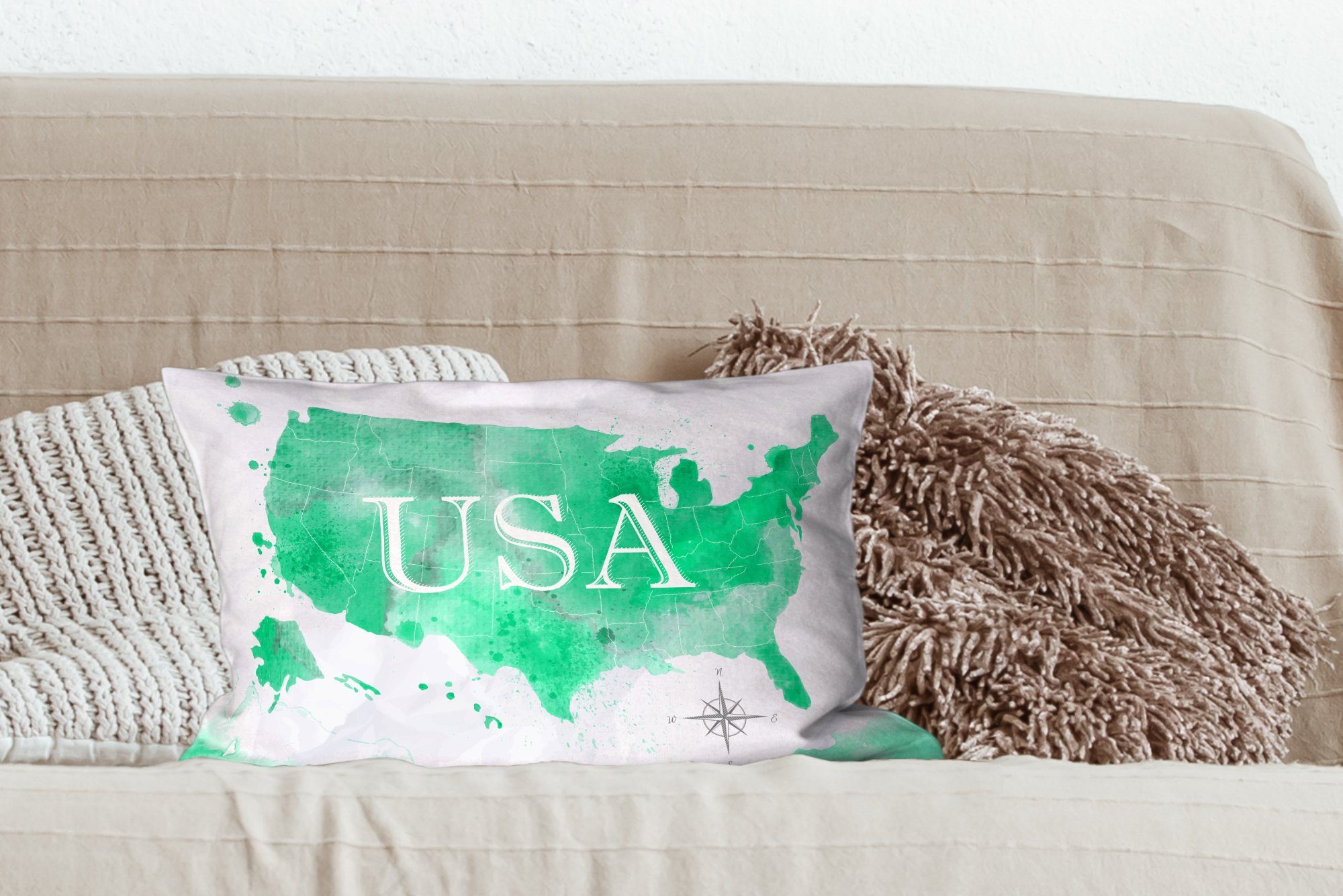 MuchoWow Dekokissen Weltkarte - - Staaten Vereinigte Wohzimmer Grün, Zierkissen, Dekokissen Schlafzimmer Dekoration, Füllung, mit