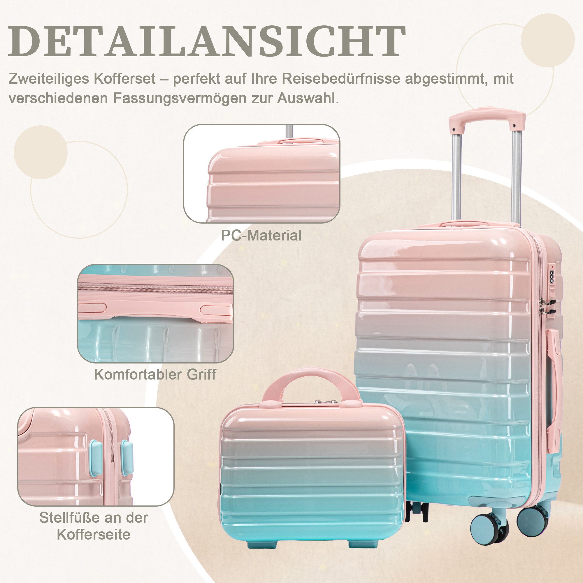 i@home Kofferset 14"/20" 2-teiliger Koffer, 4 Rollen, (2 tlg), PC-Spinner-Kofferset mit Zahlenschloss & 14" Kosmetiktasche – Bild 2 von 5
