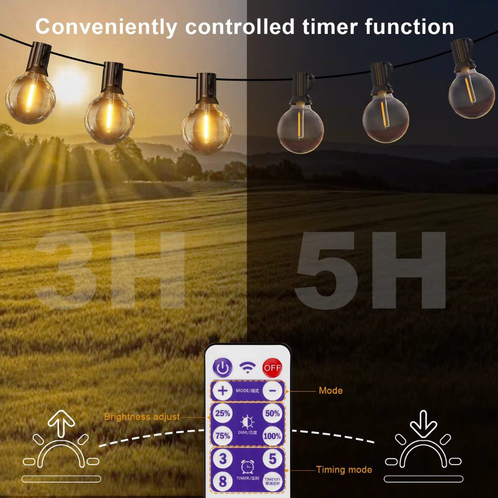 Athlix LED-Lichterkette Solar-LED-Outdoor-Lichterkette mit Fernbedienung G40-Lampen, Vielseitige Lichtmodi, wasserdicht, IP65-Zertifizierung – Bild 5 von 5