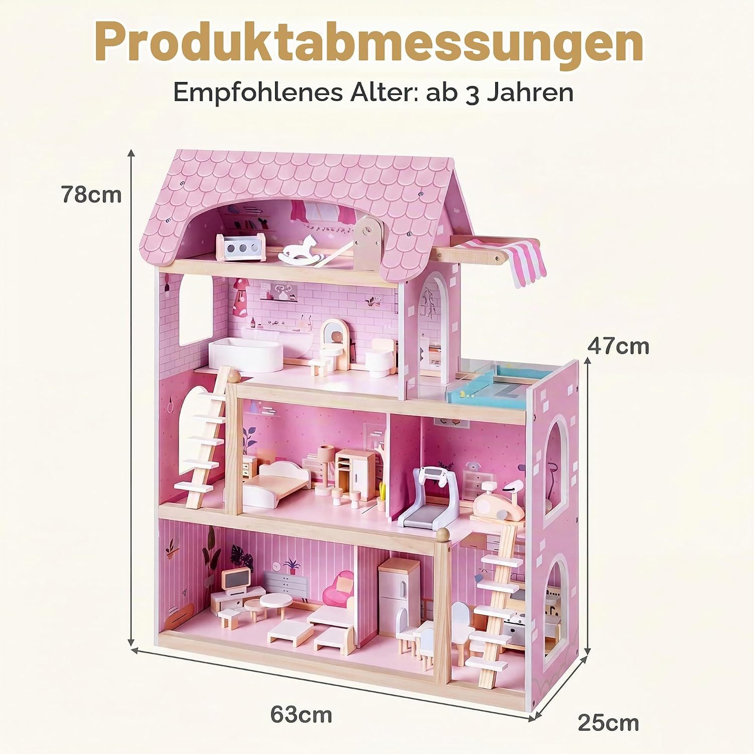 KOMFOTTEU Puppenhaus Puppen-Villa, mit 33 realistische Zubehör & Möbel, 6 Zimmer