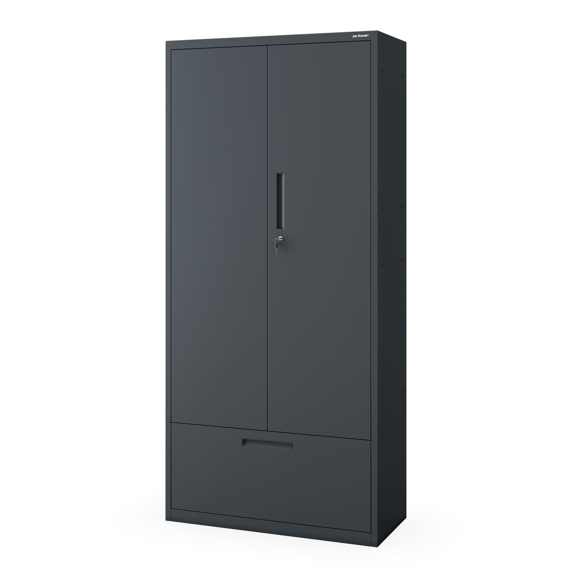 Jan Nowak Mehrzweckschrank Metall Büroschrank 90 cm MEGAN 195 cm 1 Schublade 40 cm Stahl (Stahl 0,6 mm 195 x 90 x 40 cm Wandmontage möglich PZH) Aktenschrank abschließbar Schloss 2 Schlüssel robust 4 Farben