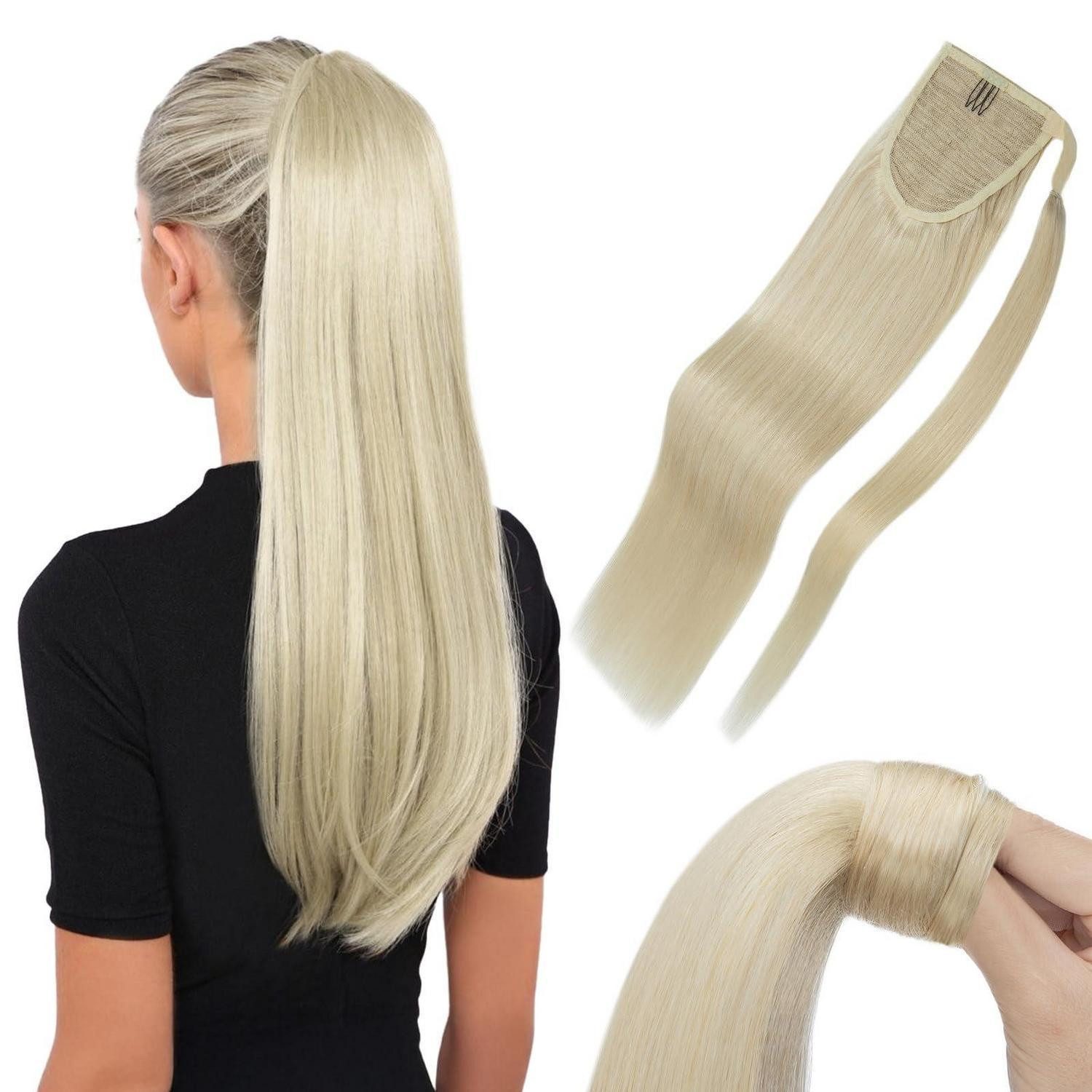 LuxusKollektion Echthaar-Extension Pferdeschwanz Echthaar Haarverlängerung Klett 35 cm-80g 60 Platinblond