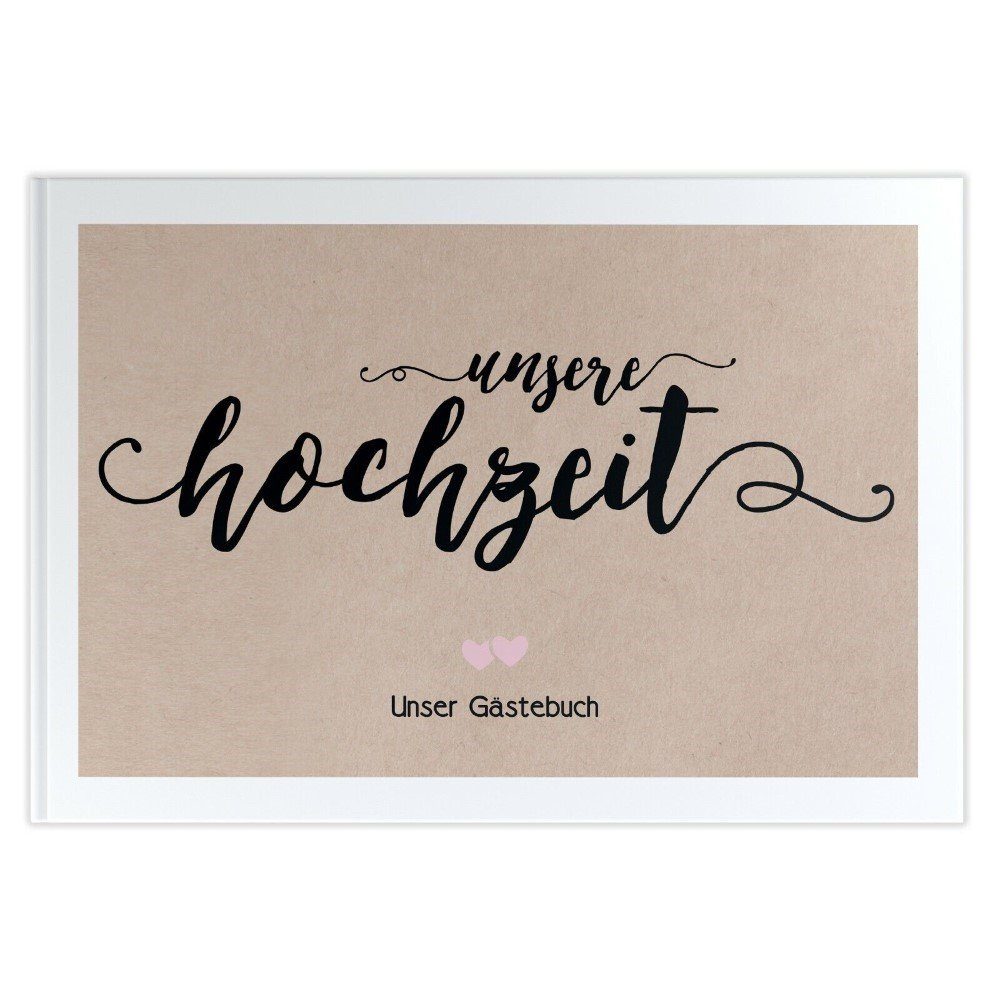 bigdaygraphix Notizbuch Hochzeitsgästebuch A4 quer Herzen Braun/Rosa, Vorgefertigte Fragen für besondere Einträge.