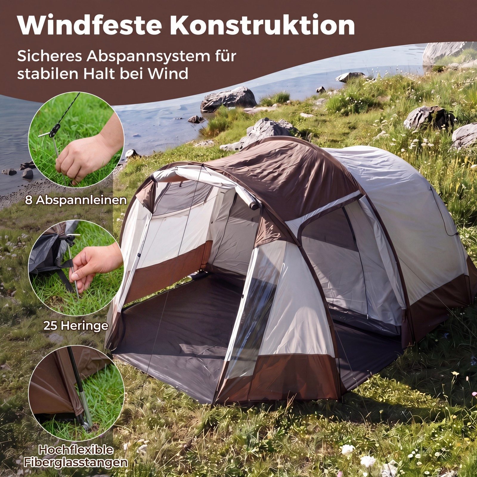 COSTWAY Tunnelzelt, Personen: 6, wasserfestes Campingzelt, Sonnenschutzzelt