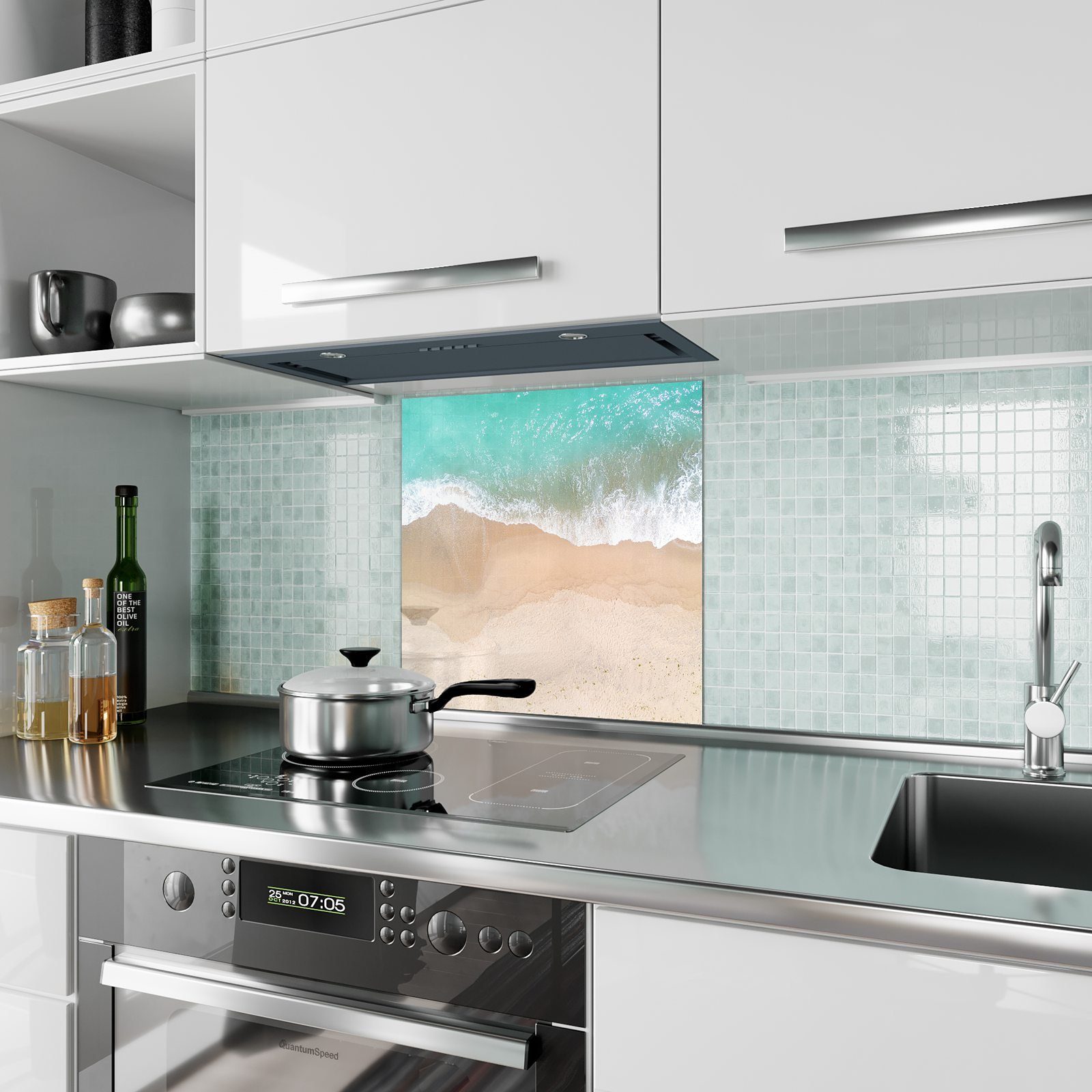 Küchenrückwand mit trifft Küchenrückwand Meer Motiv Spritzschutz Sand Primedeco auf Glas