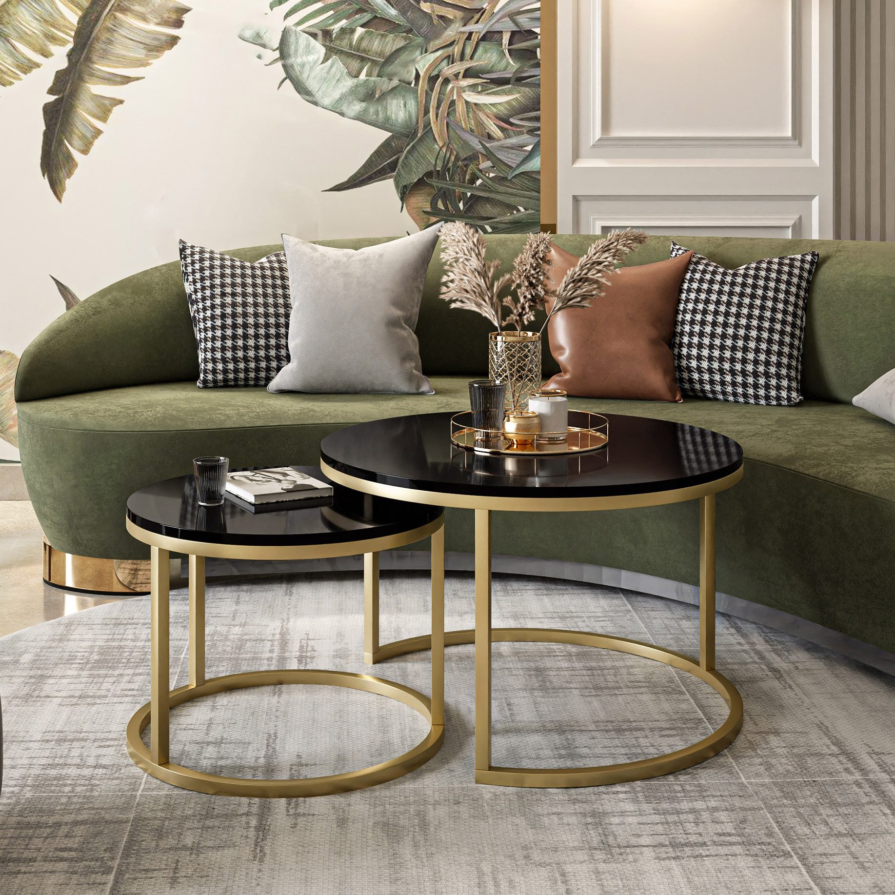 Lookway Couchtisch CIRI 2in1 Hochglanz mit Gold Matt Gestell, Runder Tisch (2er Set), Durchmesser: ⌀70 cm & ⌀50 cm und Durchmesser: ⌀80 cm & ⌀60 cm