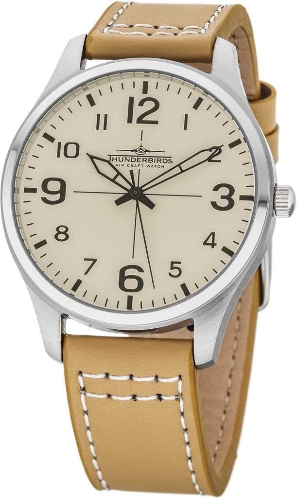 Thunderbirds Quarzuhr Fliegeruhr TB5000-04 – 40 mm Edelstahlgehäuse, beiges Zifferblatt, beiges Lederband, zeitlose Herrenuhr