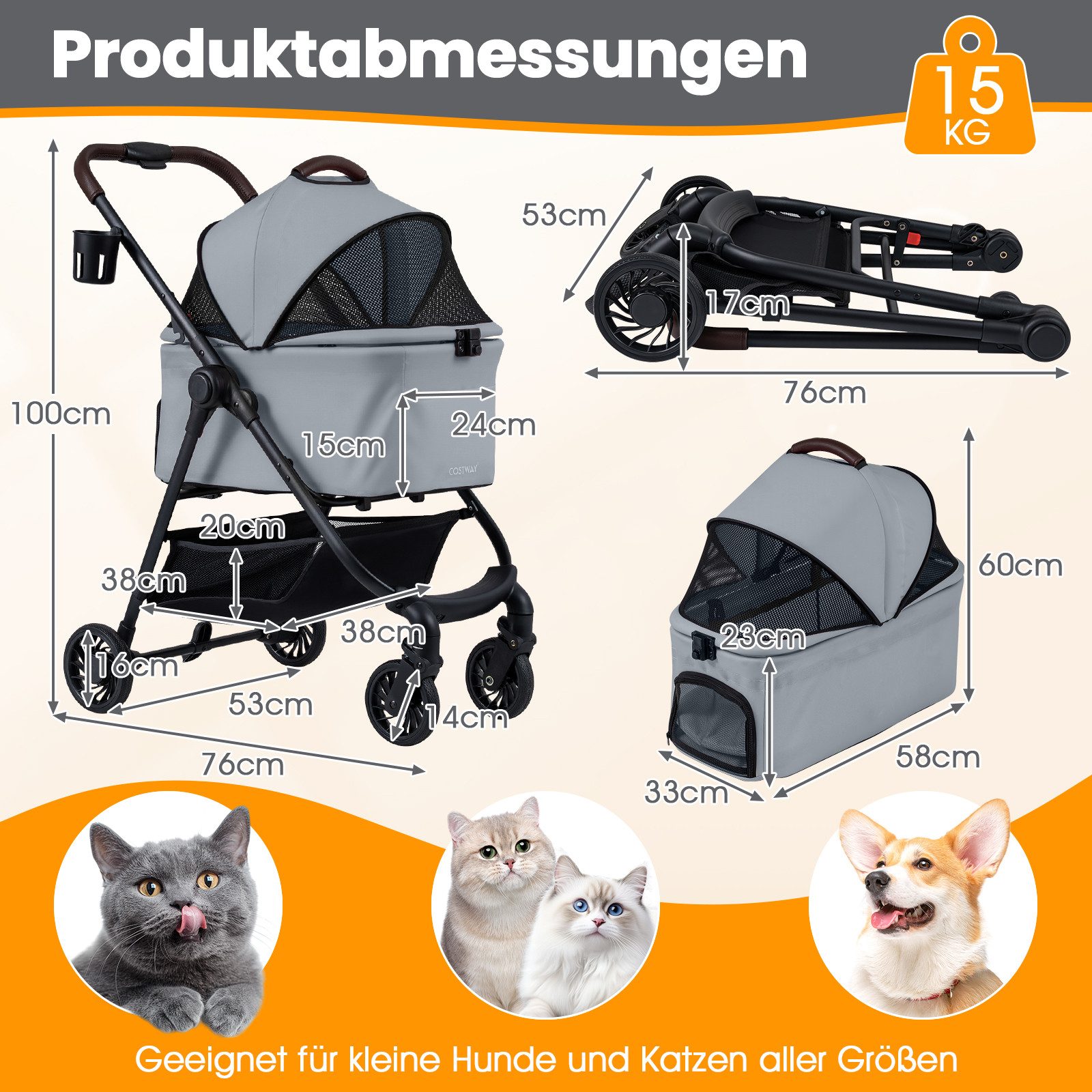 COSTWAY Hundebuggy, (1-tlg), Hundewagen, Haustiere Buggy bis 15 kg, klappbar