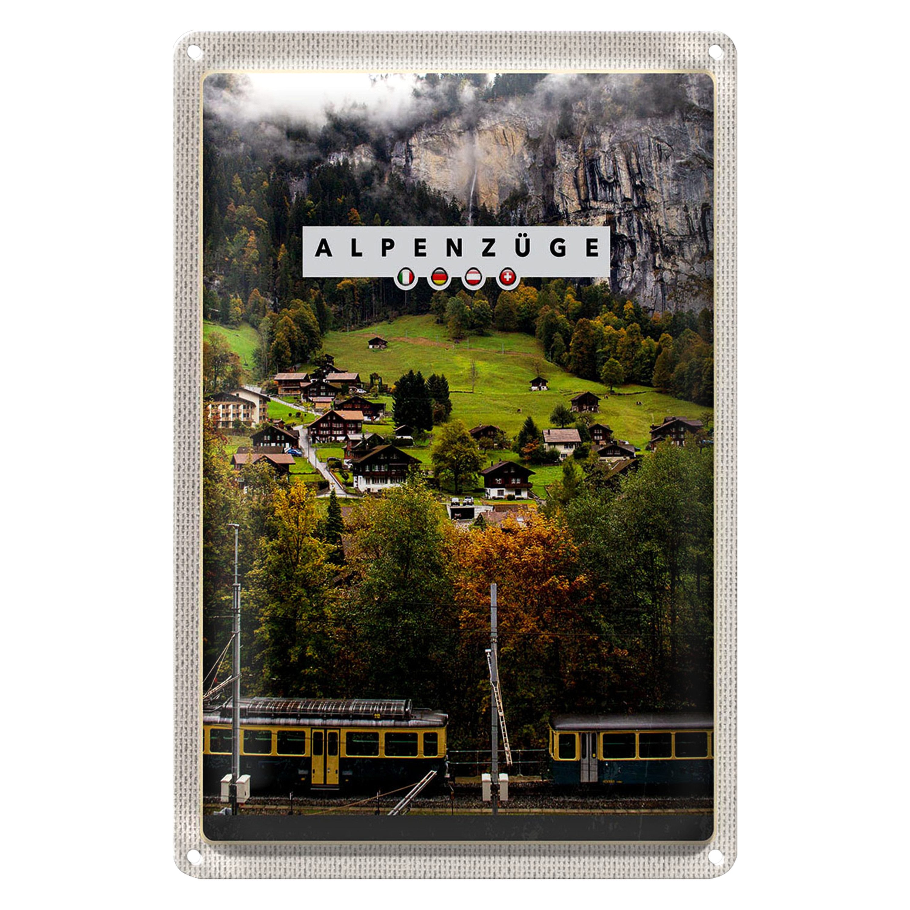 Roomando Metallschild Reise 30x40cm Alpenzüge Schweiz Bahn Tal Häuser