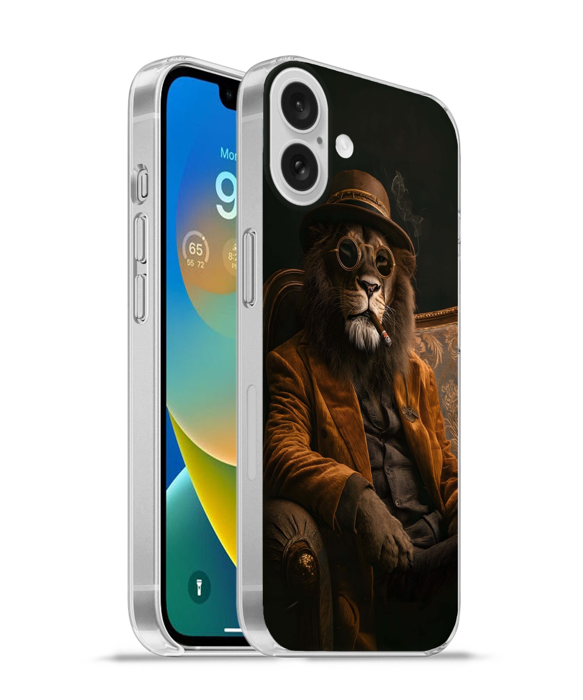 MuchoWow Handyhülle für Apple iPhone 16 Plus Brille - Löwe - Bank - Hut, Smartphone-Bumper, Print, Handy Schutzhülle Dünn