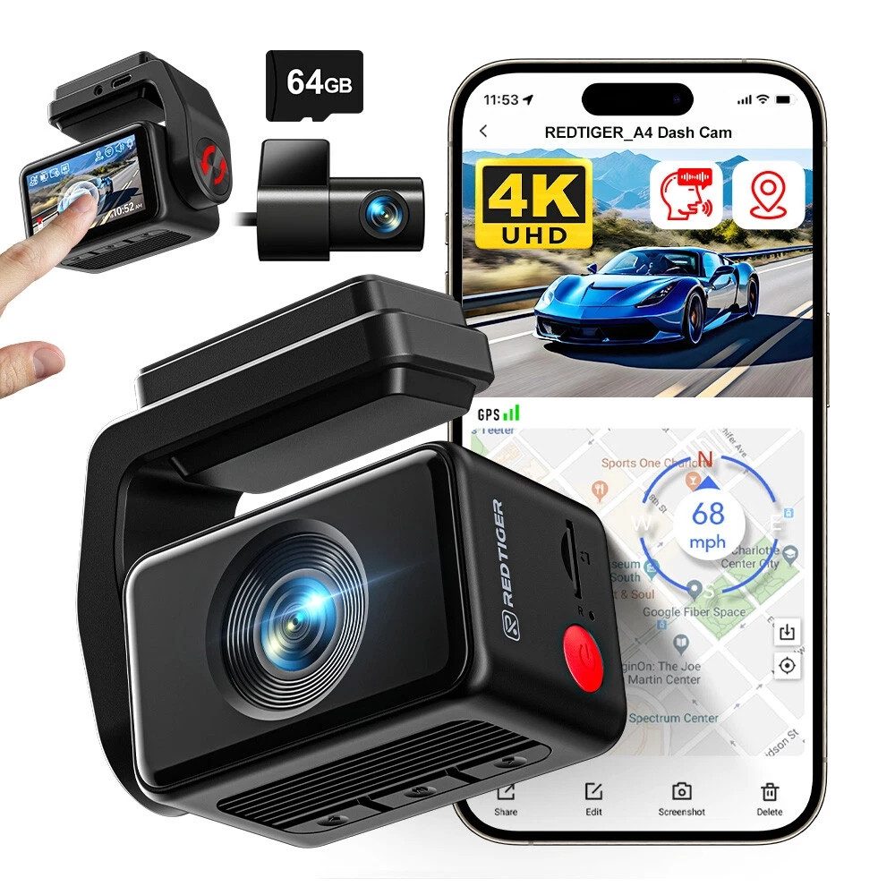 REDTIGER A4 4K Dashcam vorne und hinten, 5.8GHz WiFi, 2.2-Zoll-Touchscreen Dashcam (WLAN (Wi-Fi), eingebauter Superkondensator, eingebautes GPS, eingebautes WLAN)