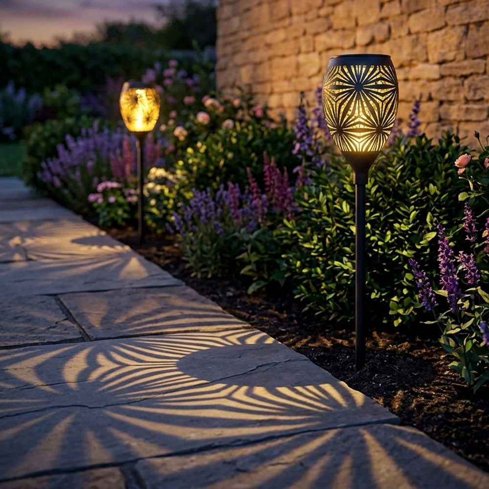 GLOBO LIGHTING LED Solarleuchte, LED-Leuchtmittel fest verbaut, Warmweiß, 2x Solar Außenlampe Steckleuchte LED Fackel schwarz Garten Dekolampe