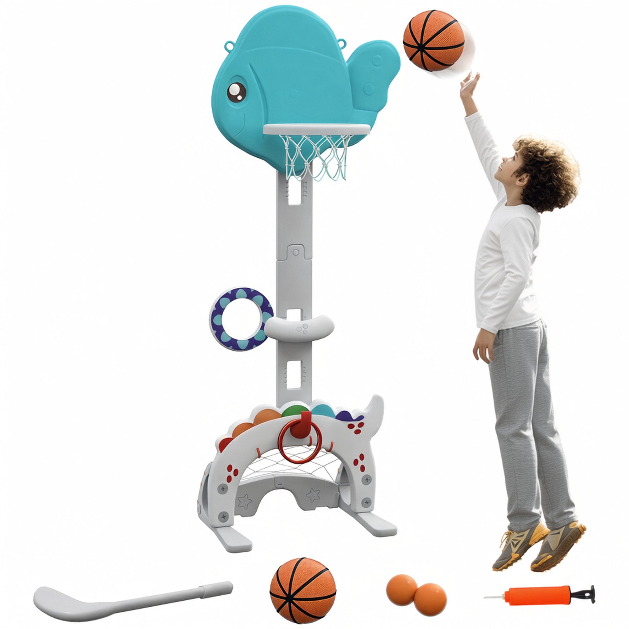 AIYAPLAY Basketballkorb 5 in 1 Höhenverstellbarer 134-152 cm mit Basketballs Pumpe Fußballtor (Set, 1-St., Indoor Outdoor Spielzeug), für Jungen Mädchen 3-6 Jahre Blau+Grau