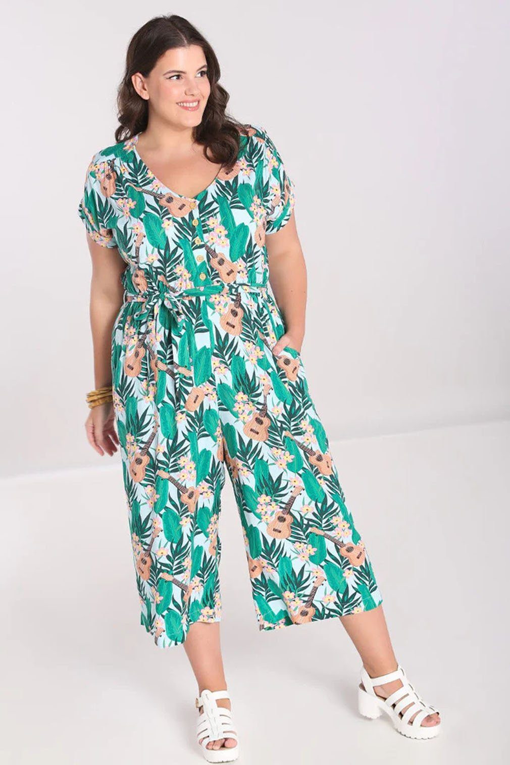 Hell Bunny Jumpsuit Ululani Tropical Hawaii Blumen Print Overall Relaxed Fit
