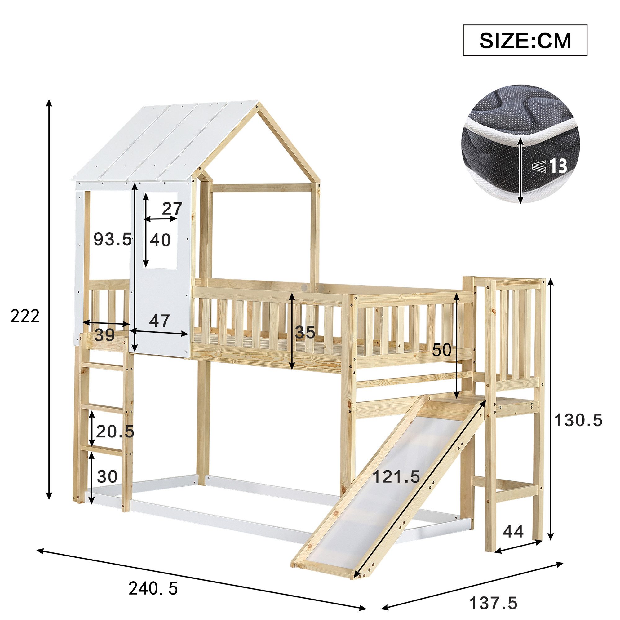 Flieks Etagenbett, Hochbett mit oberem Lattenrost & Leiter & Rutsche 90x200cm