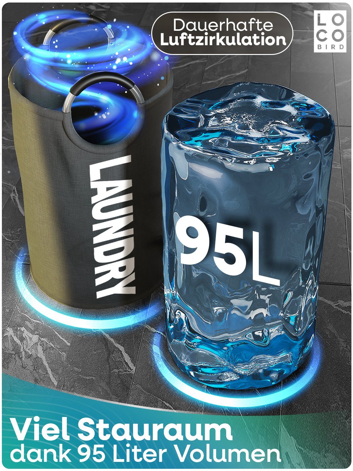 Loco Bird Wäschekorb Faltbarer 95L Kapazität Wäschesammler mit Griff, Wäschebox, Wäschesack (Wäschekorb, Wäschesack, Wäschekorb mit Deckel), groß faltbarer Korb Wäschetonne Wäschepuff Wäschesäcke Wäschetasche