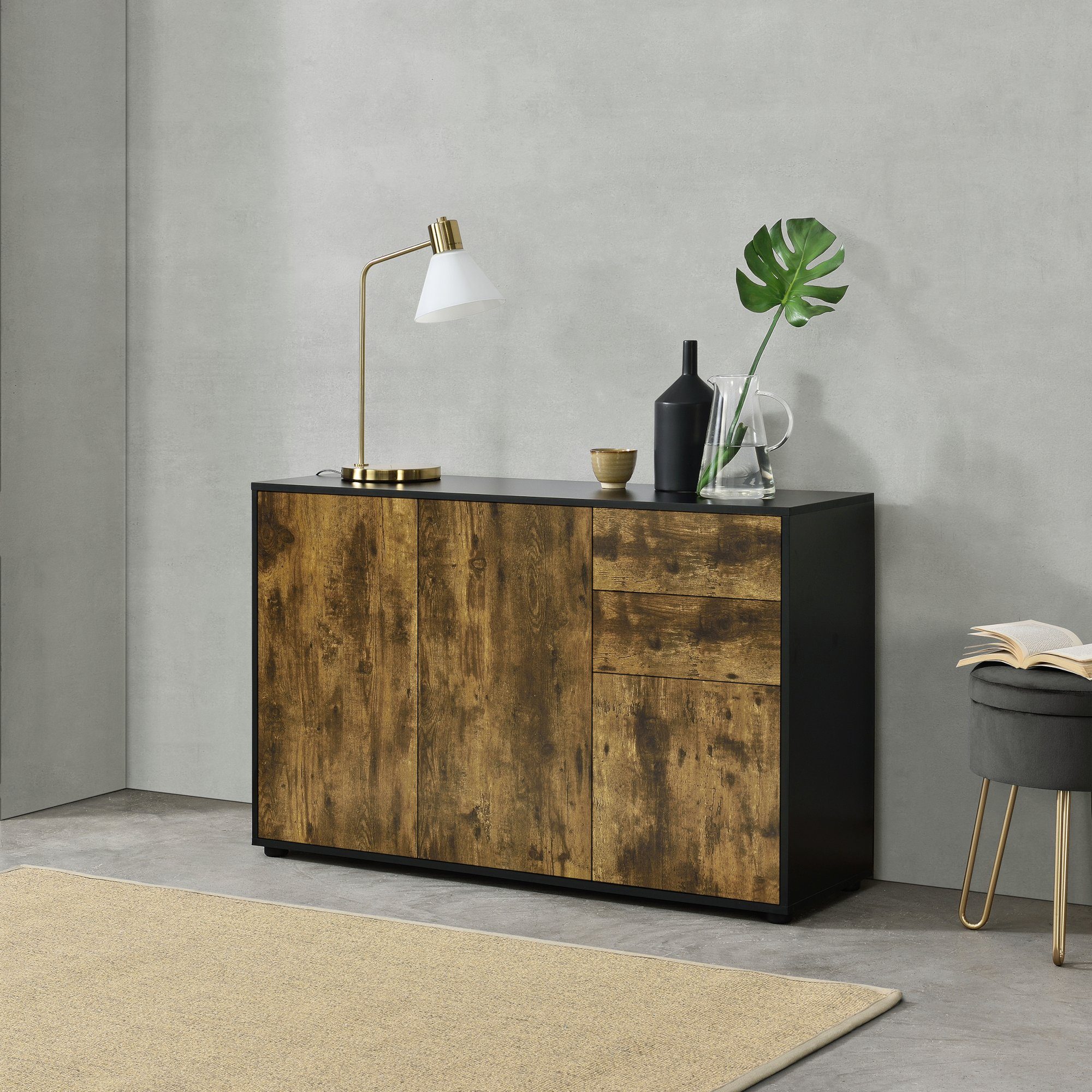 en.casa Sideboard, »Paarl« Kommode Schubladenschrank mit 3 Türen Schwarz/Eiche dunkel