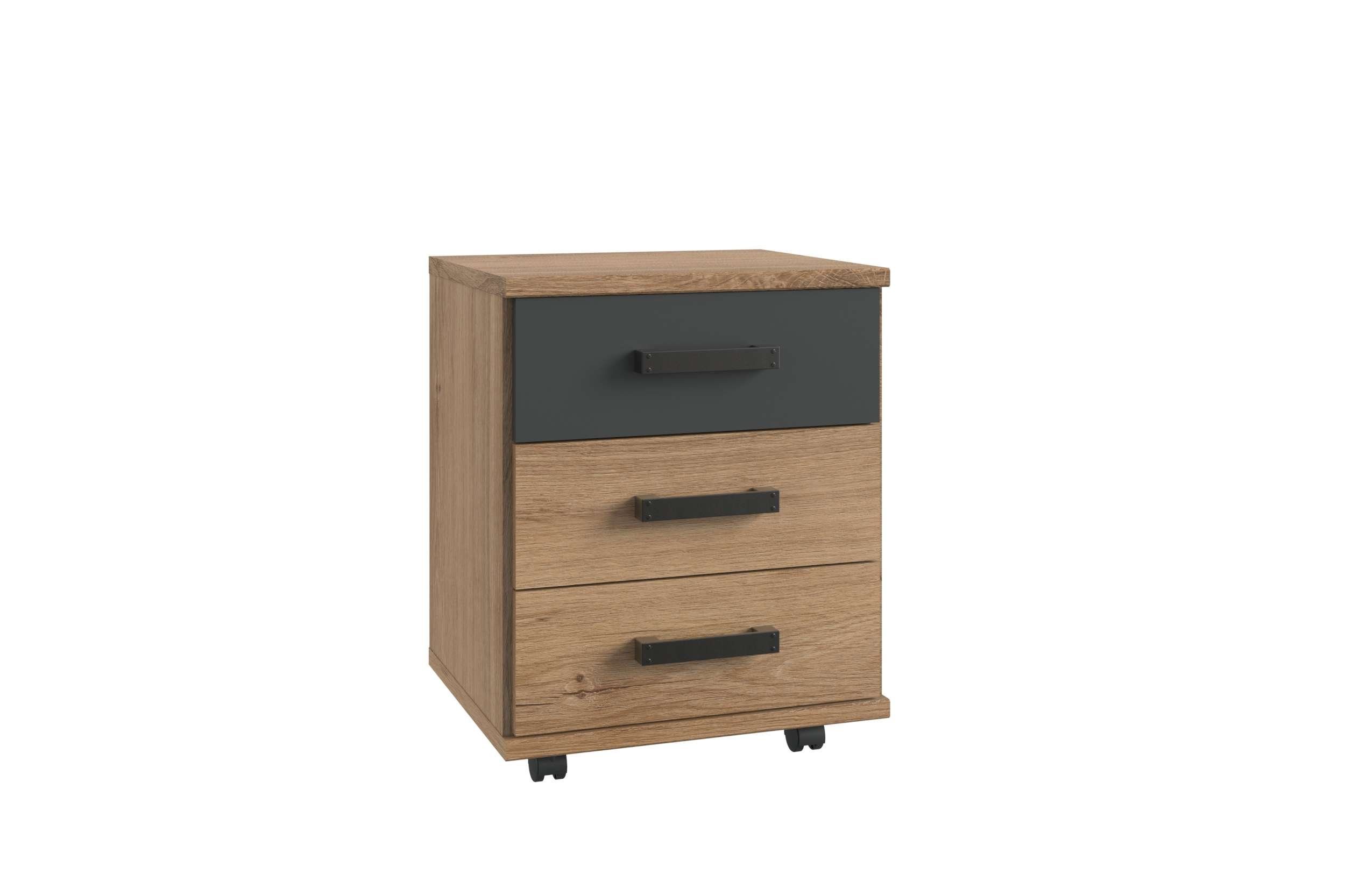 Stylefy Kinderkleiderschrank Luca II Plankeneiche Optik Graphit (Rollcontainer, Schreibtisch-Unterschrank) mit 3 Schubladen, viel Stauraum, aus Holzwerkstoff, Modern Design, für Schreibtisch