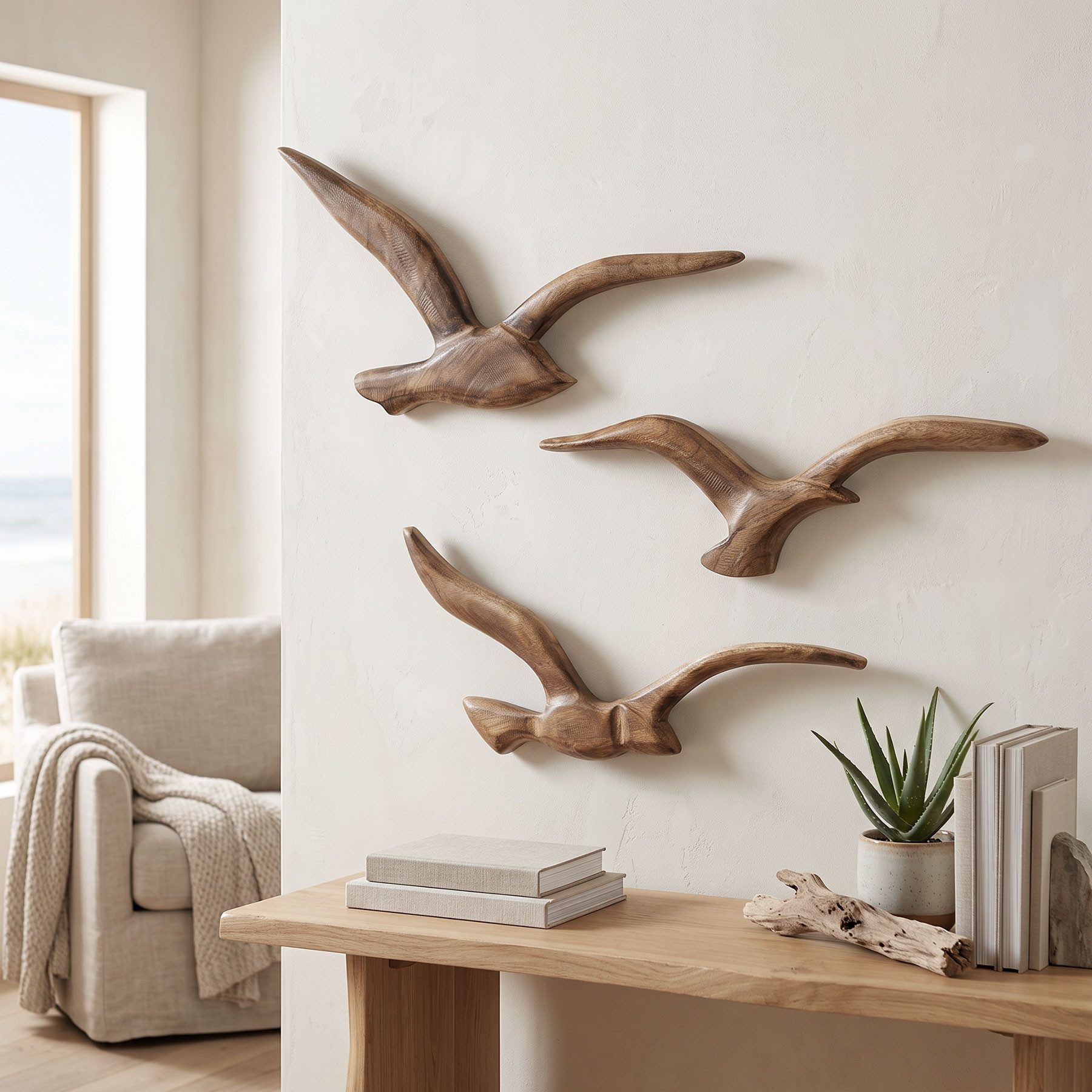 Levandeo® Wandbild, 3er Set Wanddekoration Möwen Holz Braun Wandbild Maritim
