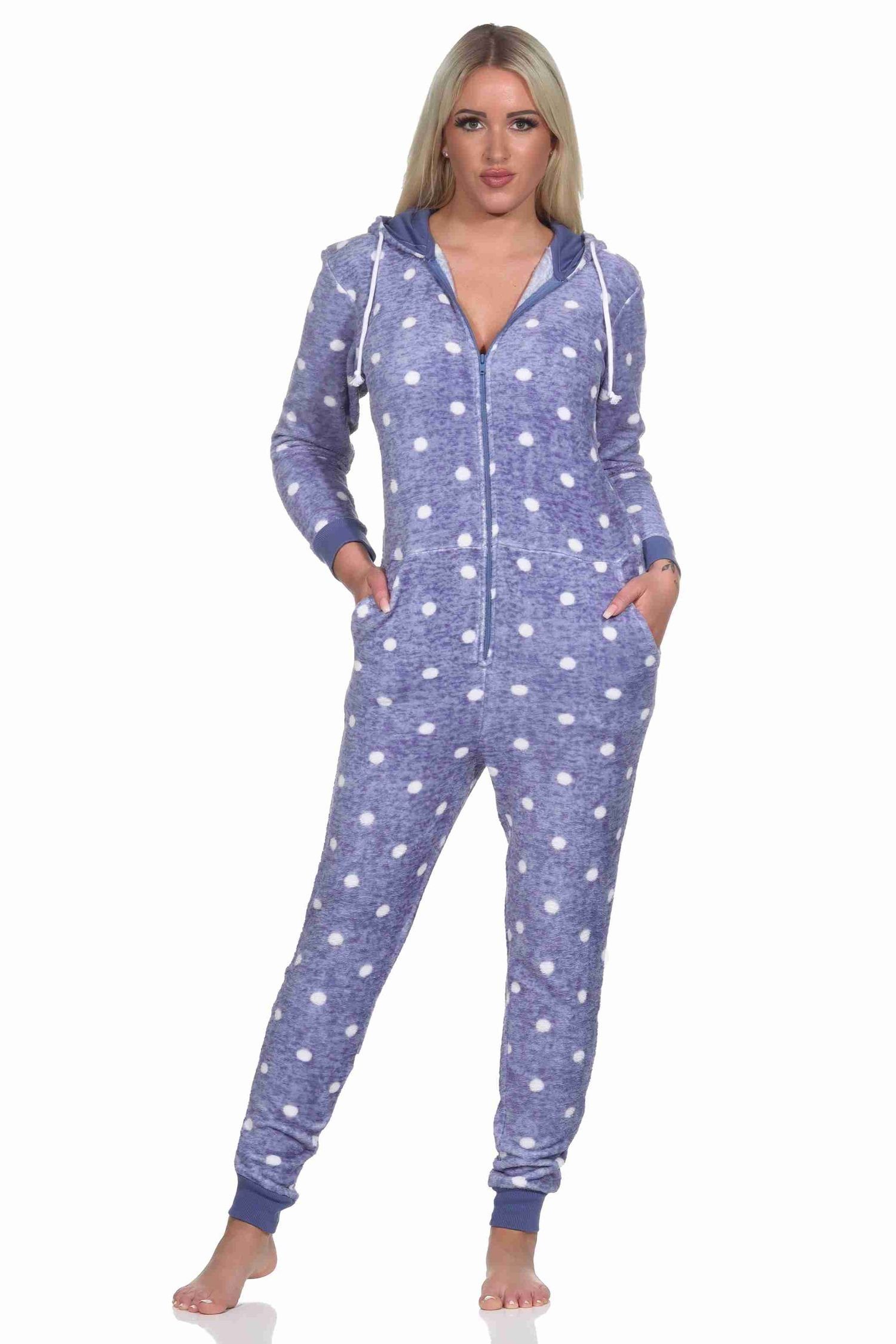 Normann Pyjama Kuschelig warmer Damen Jumpsuit Schlafanzug in Tupfen Punkte Optik blau