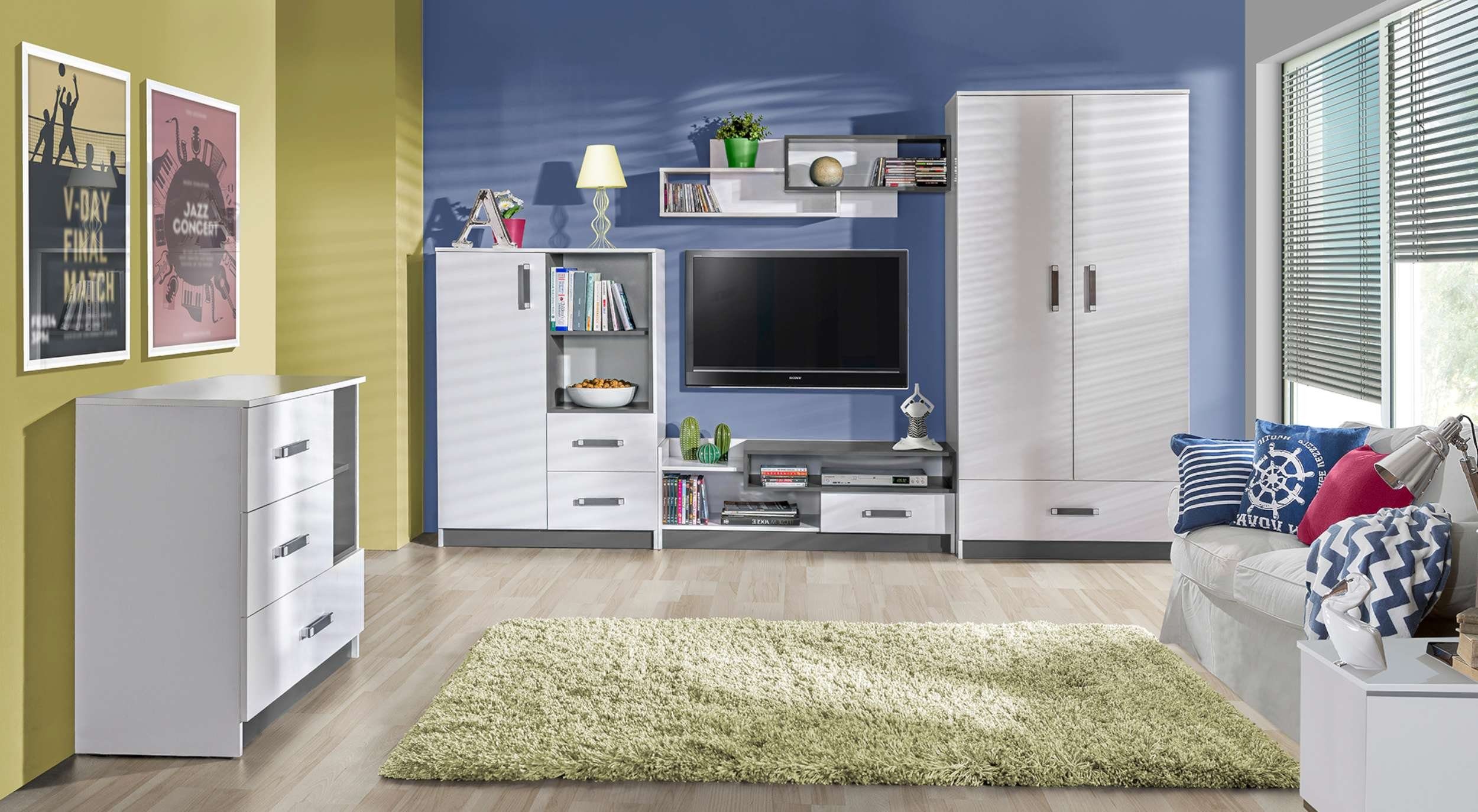 Stylefy Jugendzimmer-Set Taira I, (Komplett-Set, (Set, 5-St), bestehend aus 2xKommode, 1xWandregal, 1xLowboard, 1xKleiderschrank, variabel stellbar, für Kinder Weiß - Grau