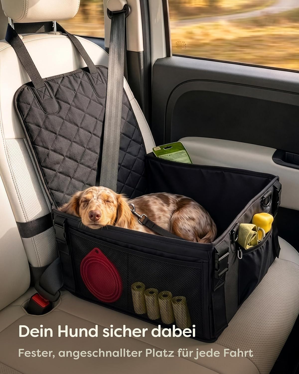 Knupis Hunde-Autositz Hundeautositz Oxford – wasserabweisend, 5 Taschen, Gurte & Leine, Wasserabweisend/kratzfest, 5 Taschen, 4 Gurte, Leine, verstärkte Wände – Bild 2 von 5