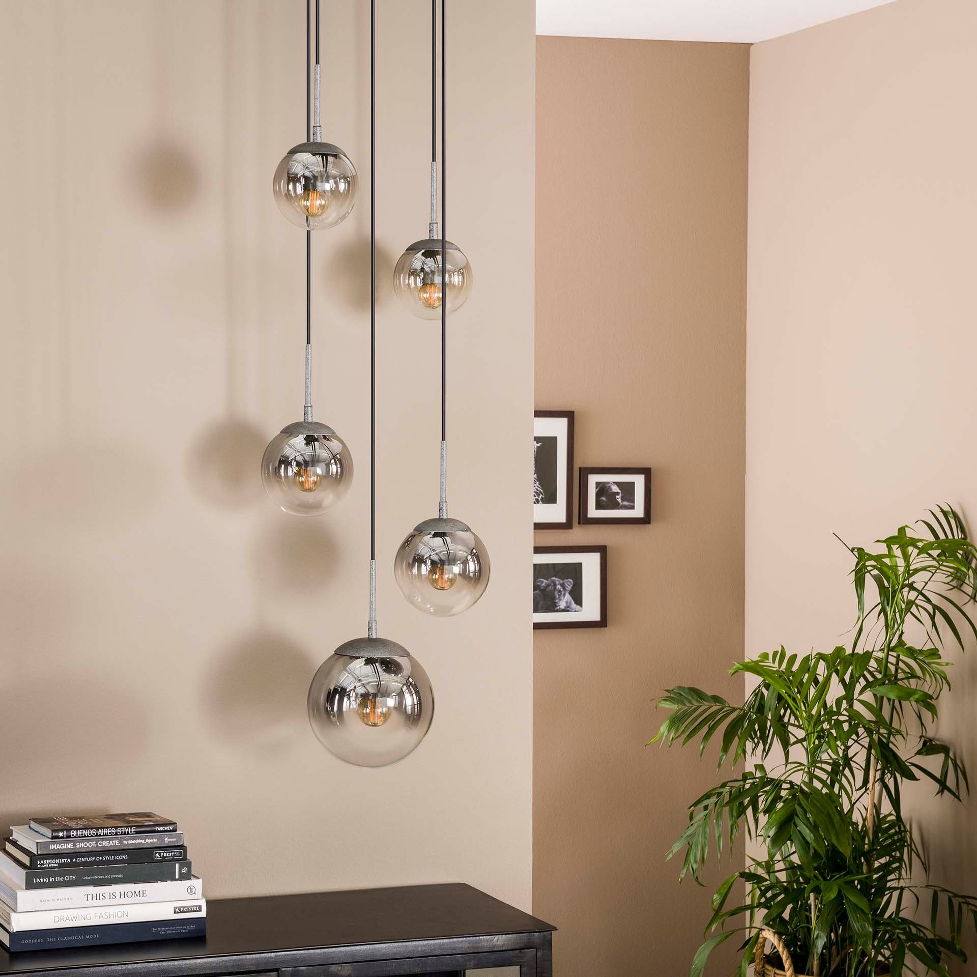 hofstein Pendelleuchte »Castegnato« Hängelampe aus Metall/Glas in Altsilber/Rauchfarben, ohne Leuchtmittel, Pendellampe mit Schirmen aus Echtglas, Höhe max. 150cm, 5xE27