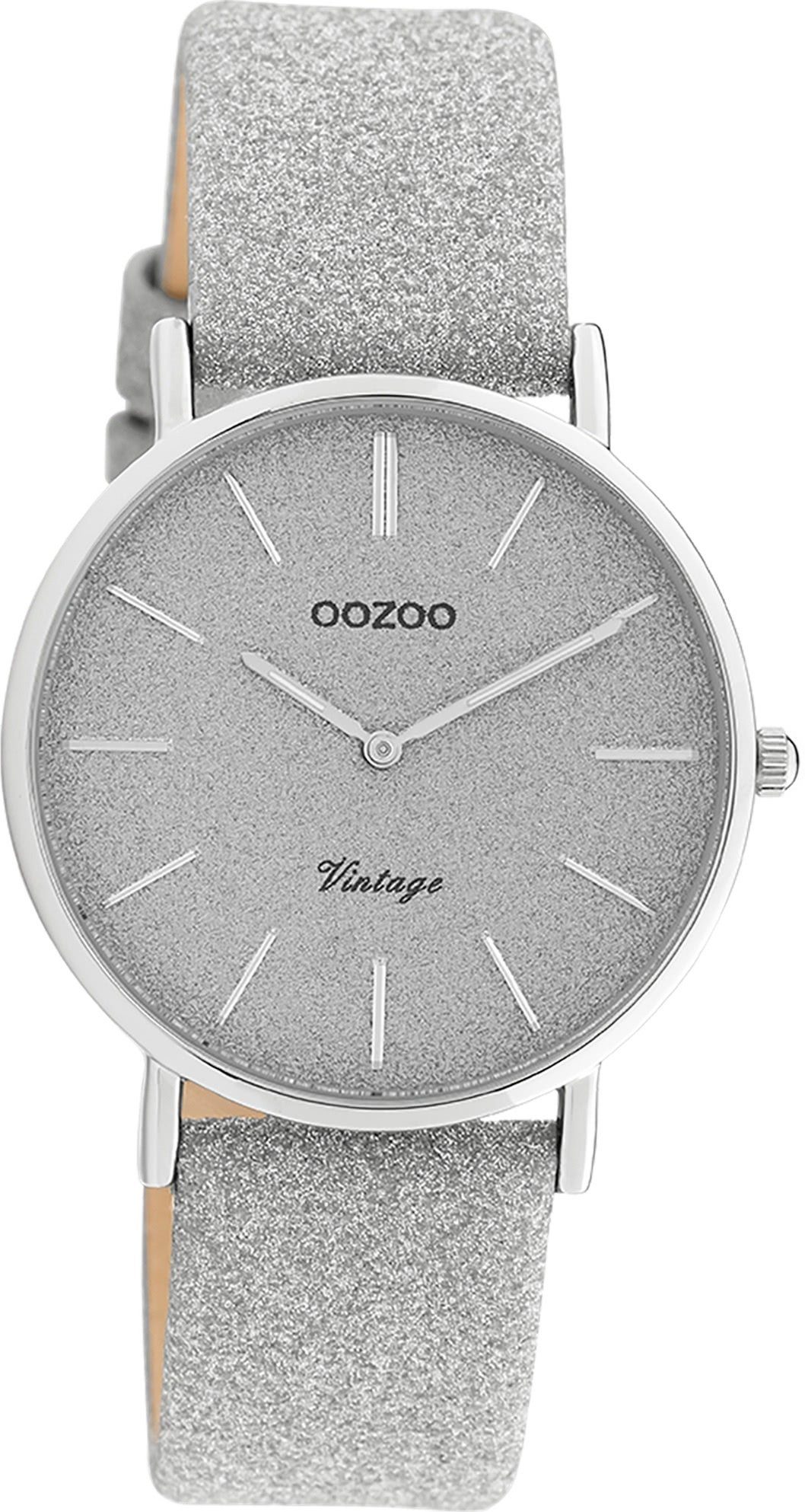 OOZOO Quarzuhr Oozoo Damen Armbanduhr silber Analog, Damenuhr rund, mittel  (ca. 32mm) Lederarmband, Elegant-Style