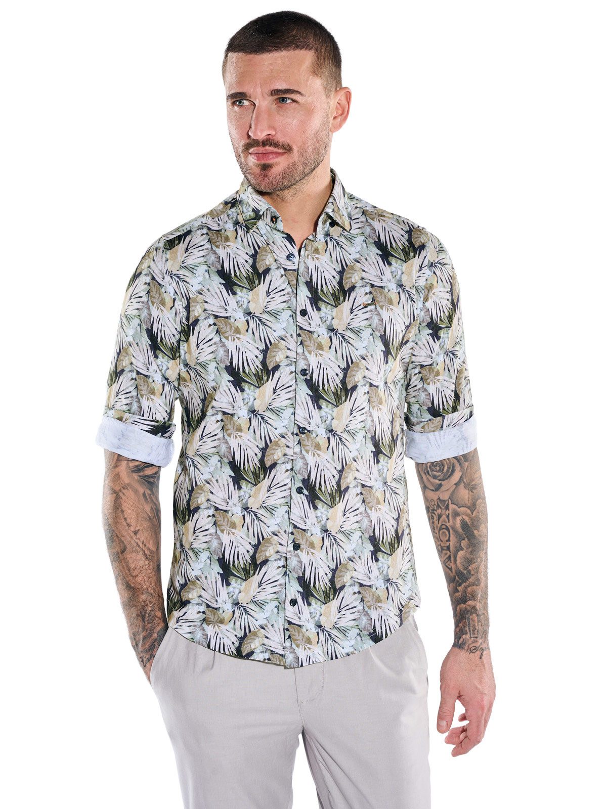 emilio adani Langarmhemd Herren Jerseyhemd mit tropischem Print, Beige