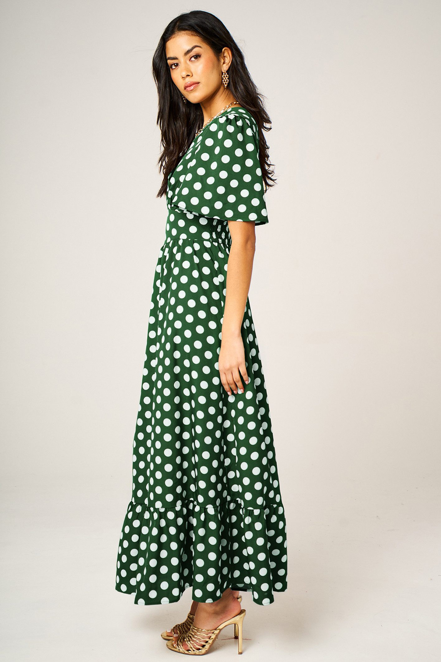 FS Collection Maxikleid Damen Maxikleid Sommerkleid Freizeitkleid Wickeloptik Gepunktet Wickeloptik, Punkte-Muster, Volantsaum, betonte Taille – Bild 5 von 5