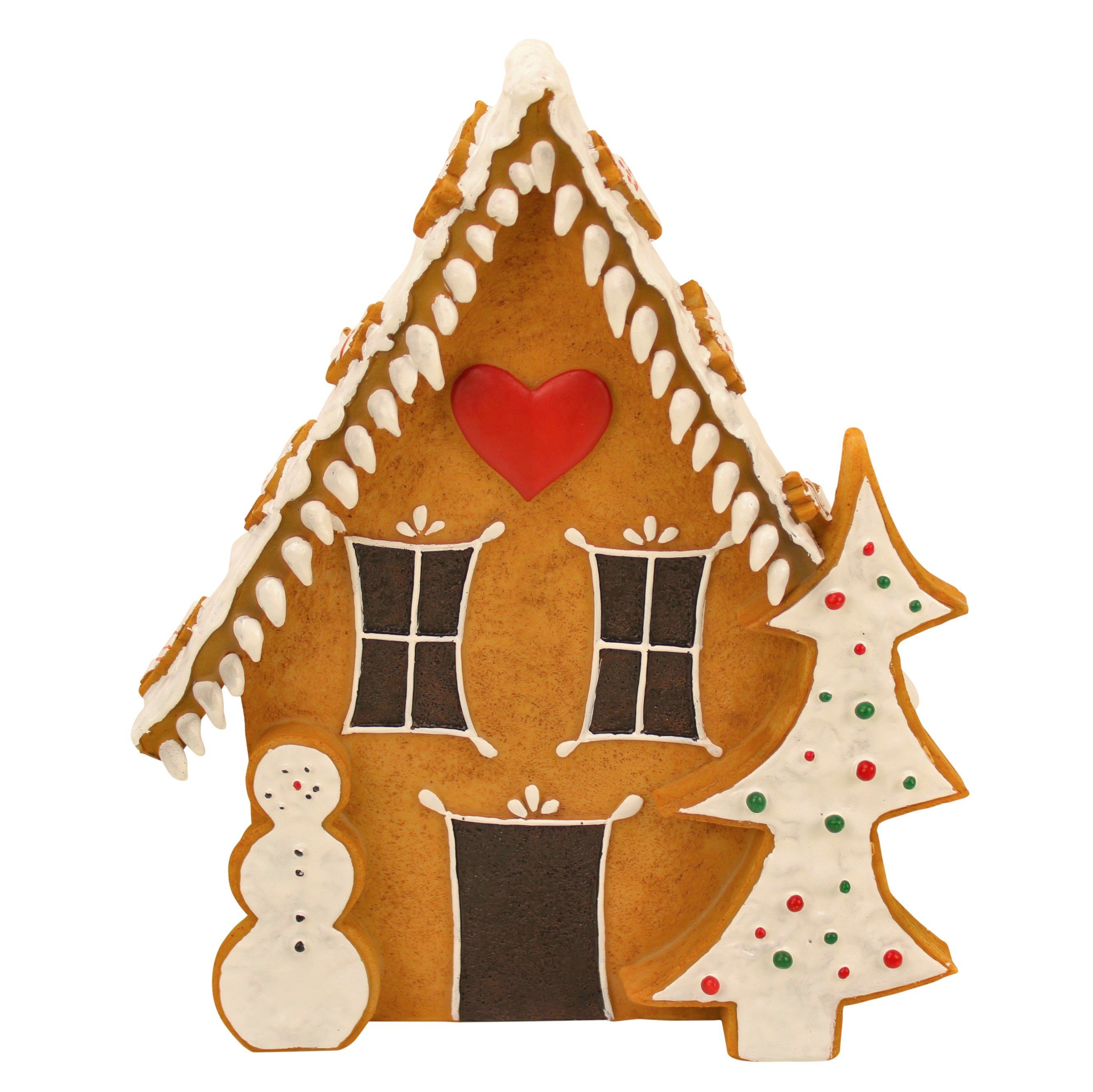 Online-Fuchs Weihnachtsfigur Süßes Lebkuchenhaus als Weihnachtsdeko (Lebkuchenfigur, mit Schneemann und Tannenbaum), für den Innen- und Außenbereich geeignet
