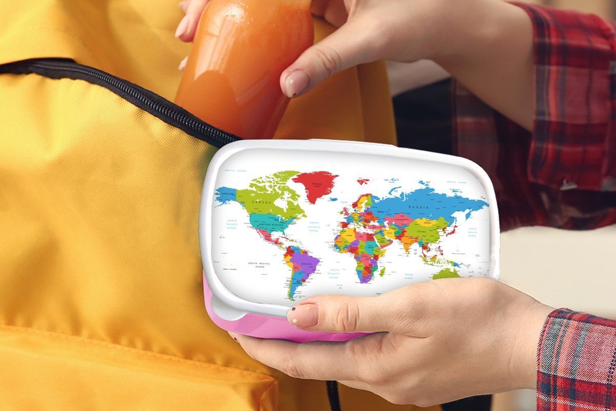 MuchoWow Lunchbox Weltkarte (2-tlg), Kunststoff, - Kunststoff Topographie, Brotdose Brotbox Kinder, Mädchen, rosa für - Erwachsene, Einfach Snackbox