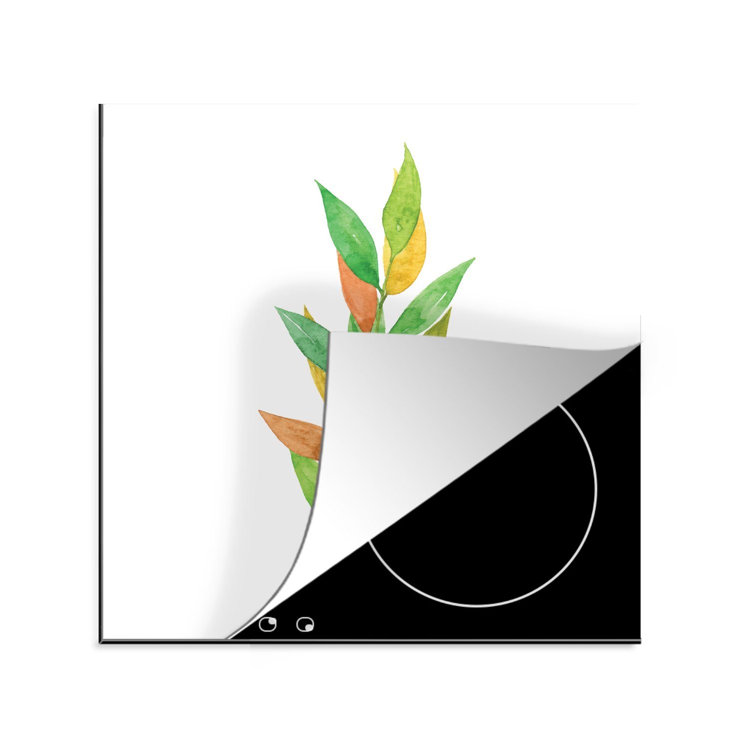 MuchoWow Herdblende-/Abdeckplatte Aquarelle - Blätter - Pflanzen, Vinyl, (1 tlg), 78x78 cm, Ceranfeldabdeckung, Arbeitsplatte für küche