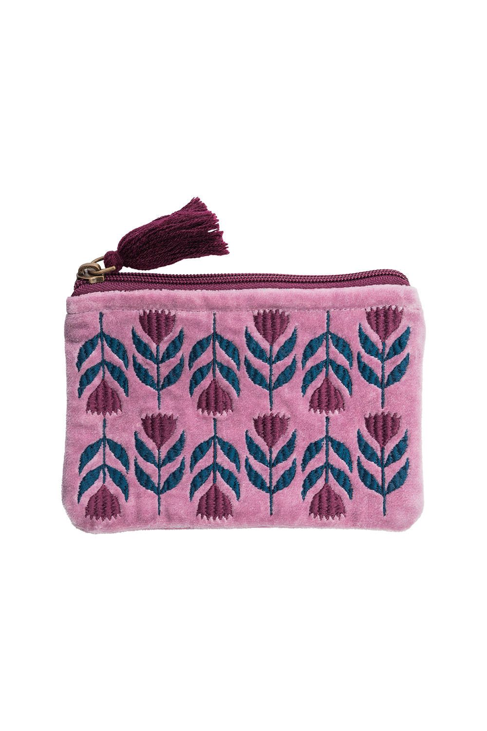 Tranquillo Aufbewahrungstasche aus Bio-Baumwolle FLORAL 16x10 cm rosa mit robustem Reißverschluss, Besticktes Samttäschchen aus GOTS-zertifizierter Bio-Baumwolle