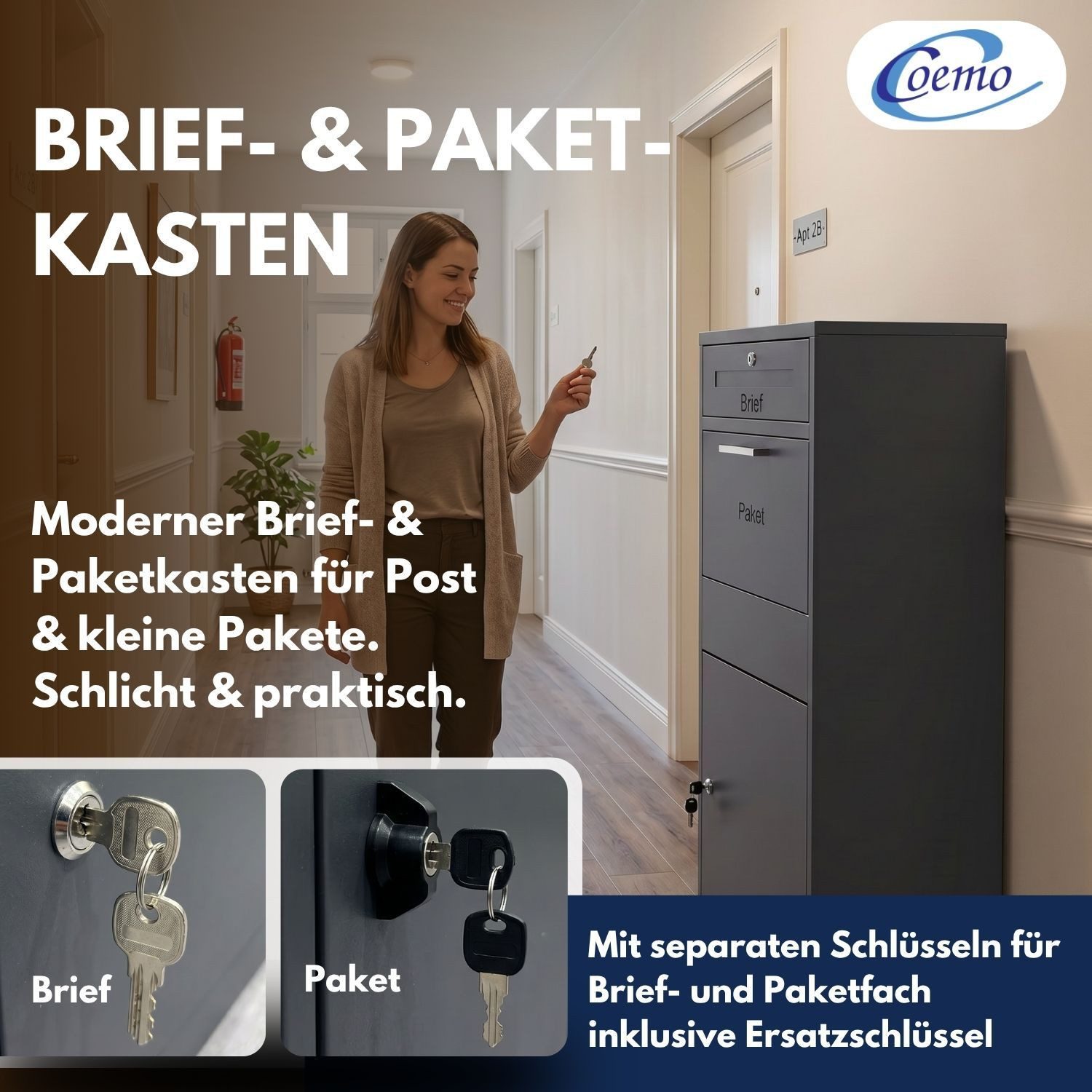 Coemo Standbriefkasten, mit Paketbox Anthrazit Postbox Paketsafe Diebstahlschutz