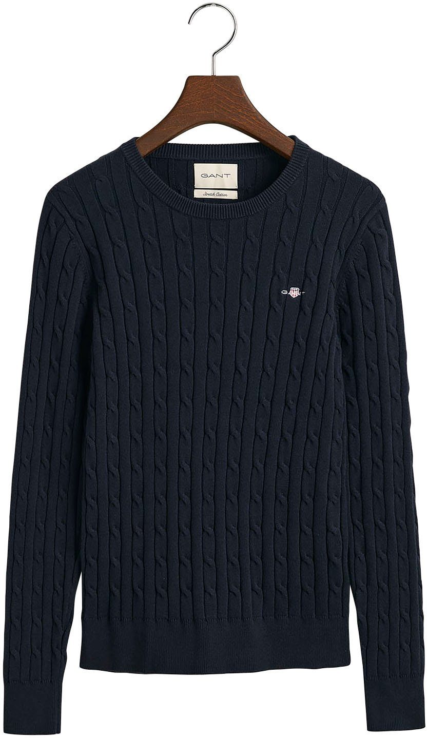 Gant Strickpullover STRETCH COTTON auf CABLE Logostickerei blue mit Evening der Brust C-NECK